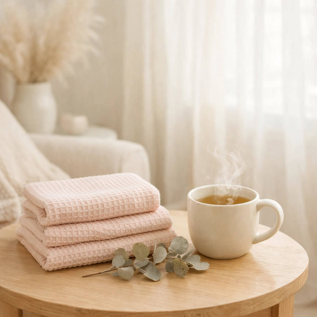 Serene salon relaxation area with warm tea and towels, representing a stress-free pre-pay client experience.