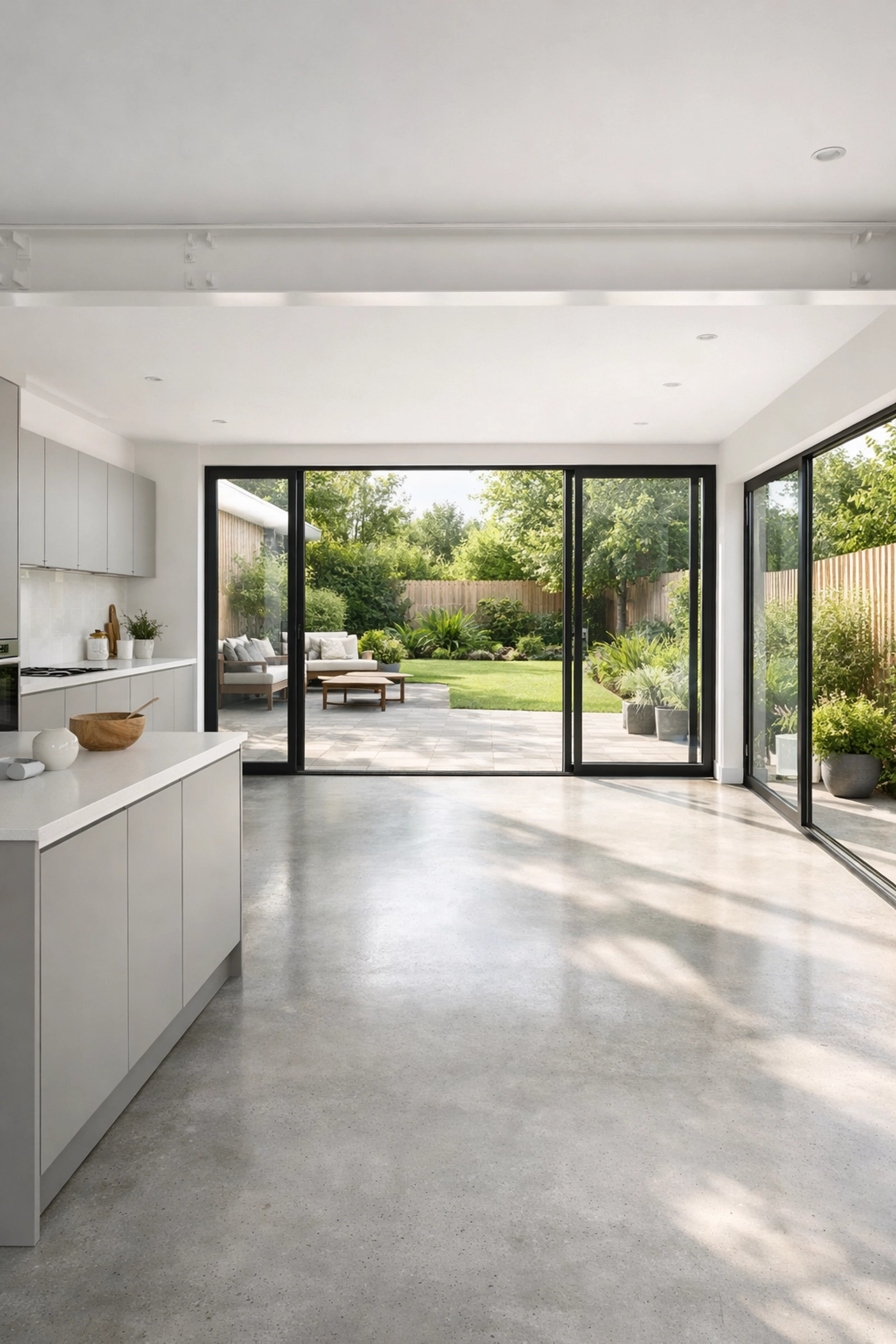 Contemporary single-storey rear extension with structural beam and glass doors