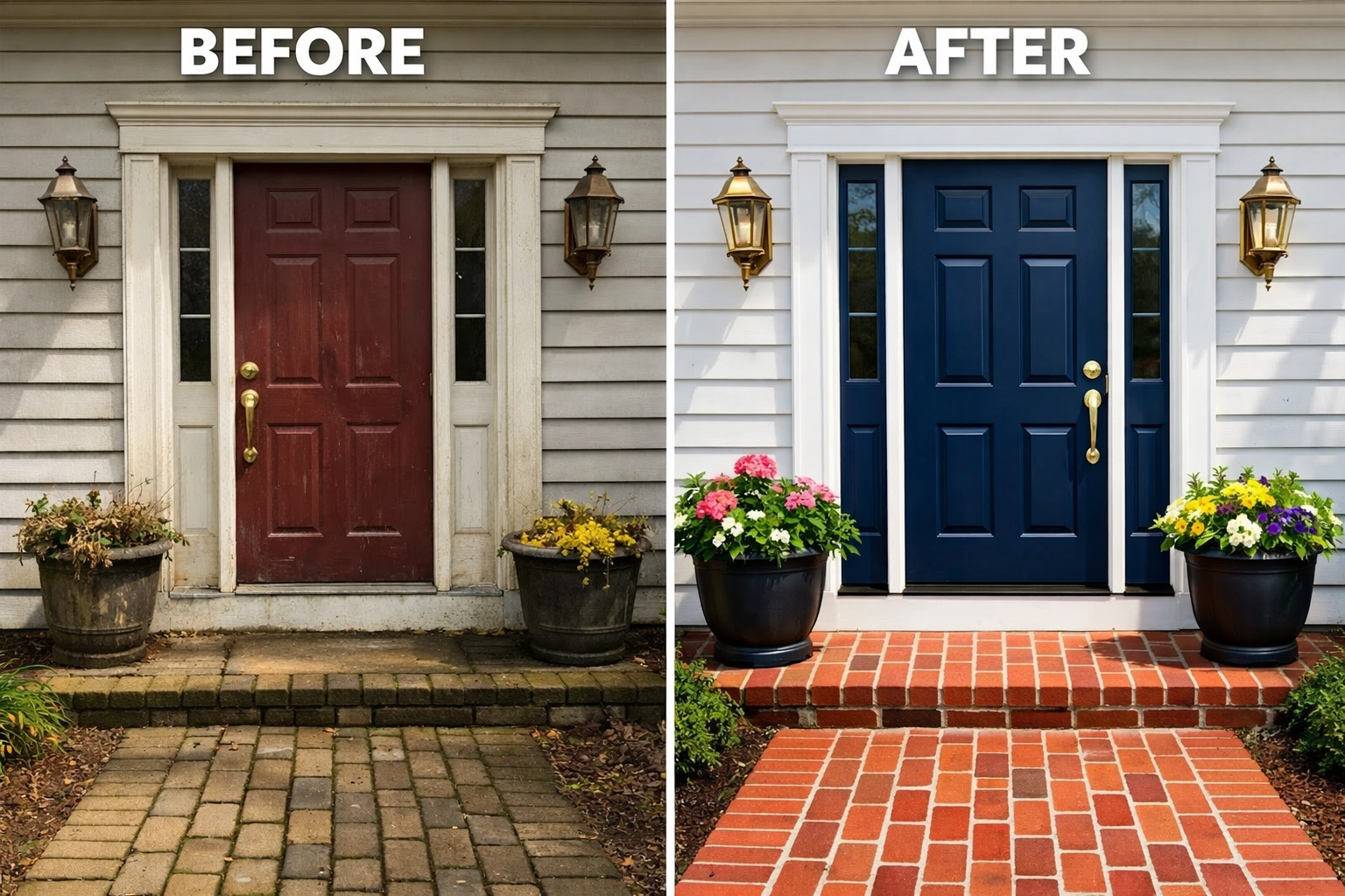 Freshly painted front door with clean walkway showing improved home curb appeal