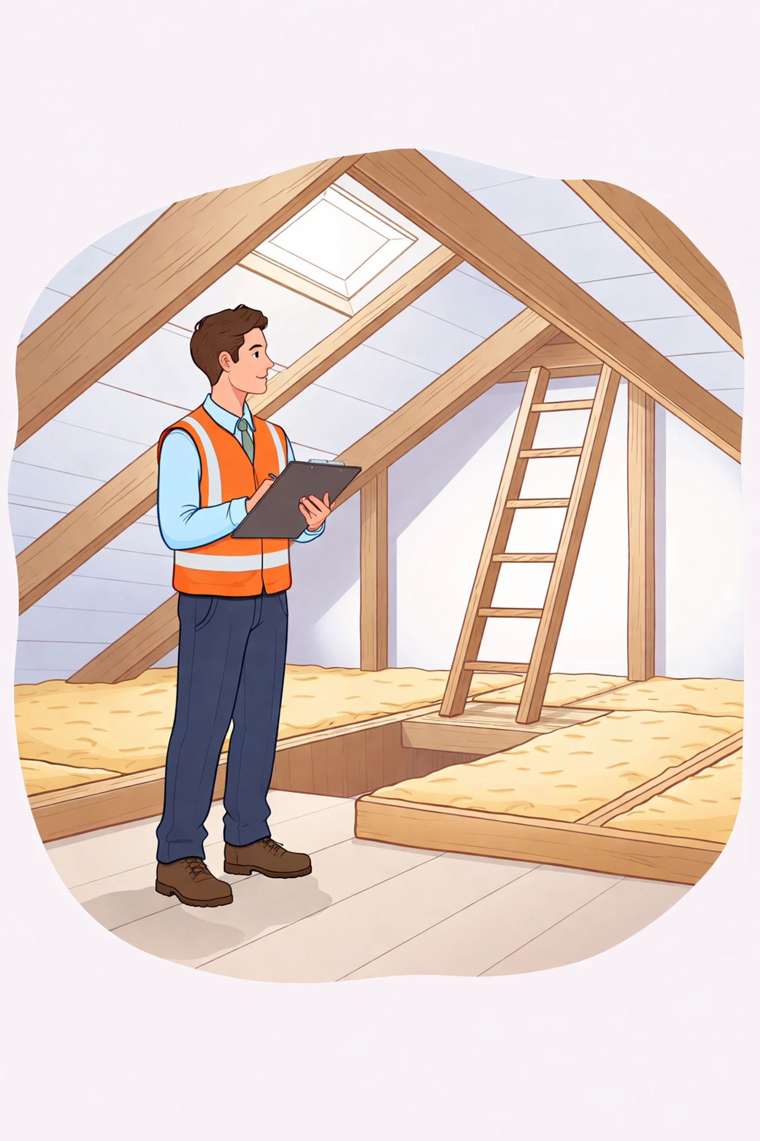 Surveyor inspecting loft insulation and roof timbers for mortgage approval in the UK