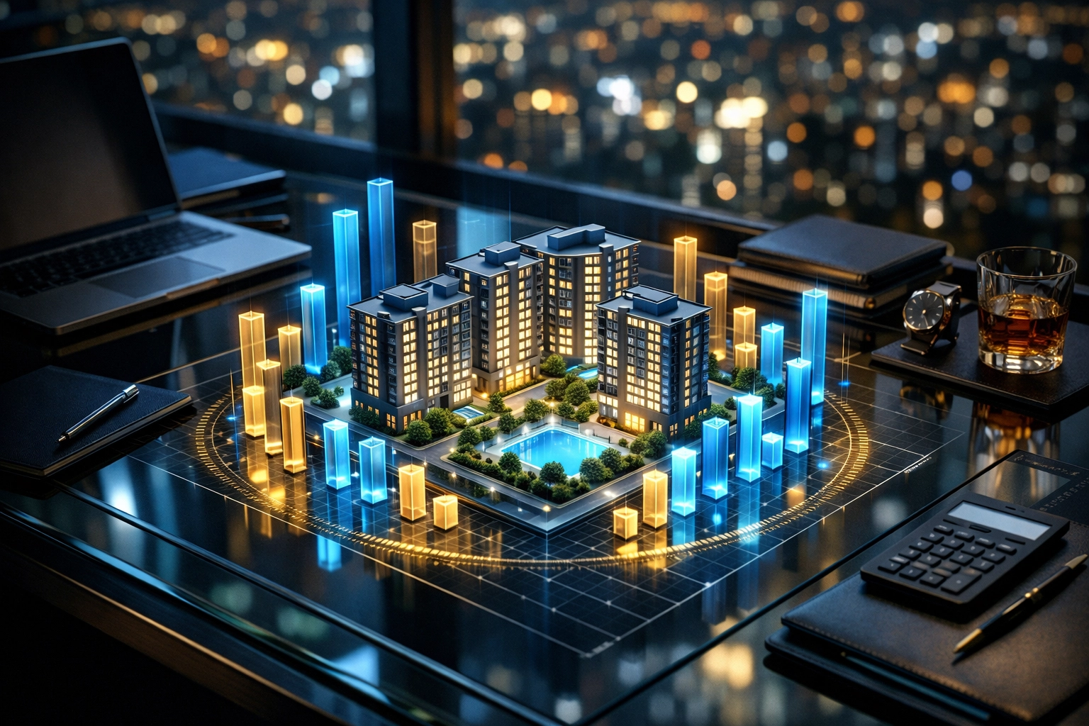 Digital data visualization of residential property management portfolio valuation for institutional buyers.