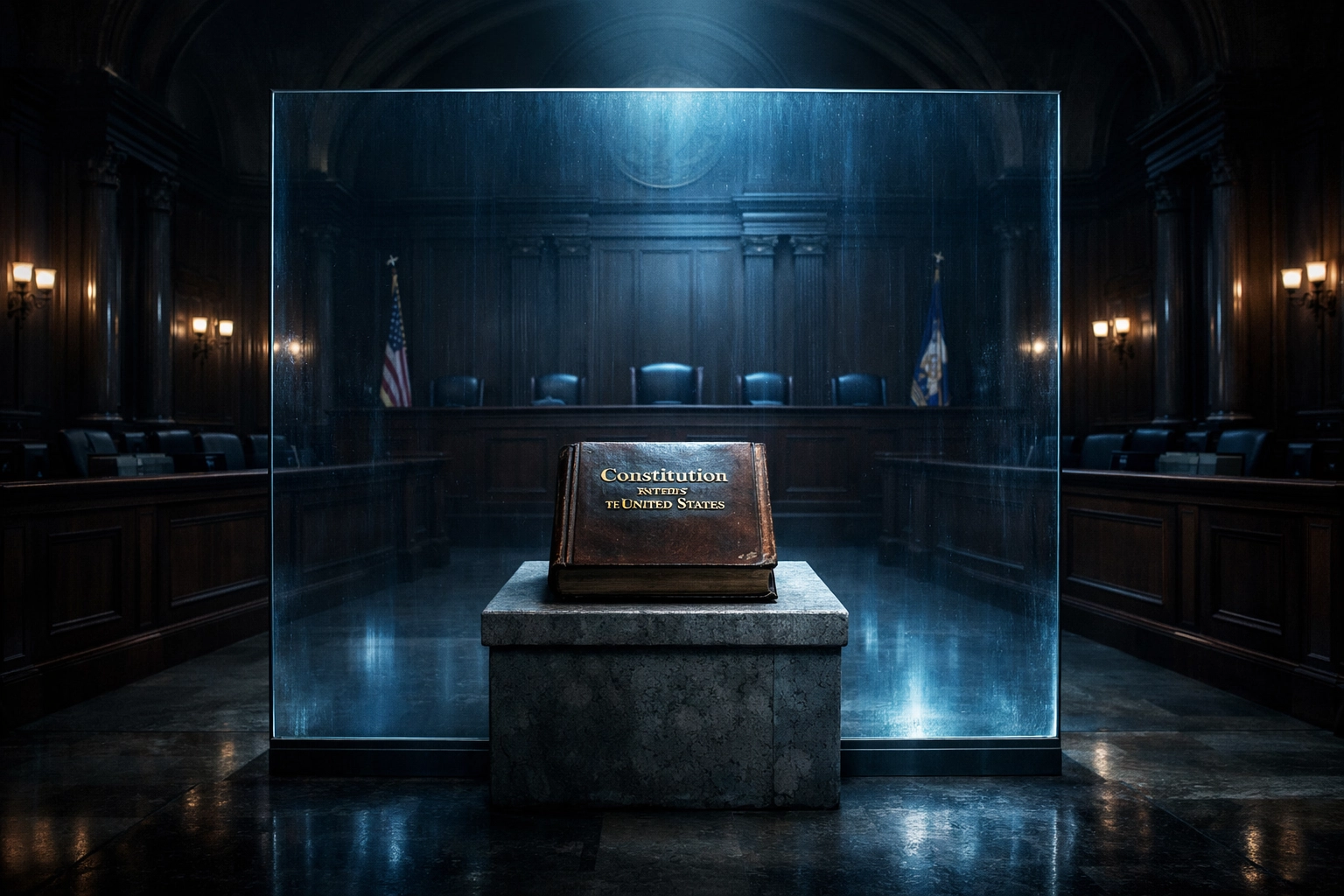 Courtroom with a glass wall blocking a constitutional document, symbolizing the legal shield protecting Bill 21.