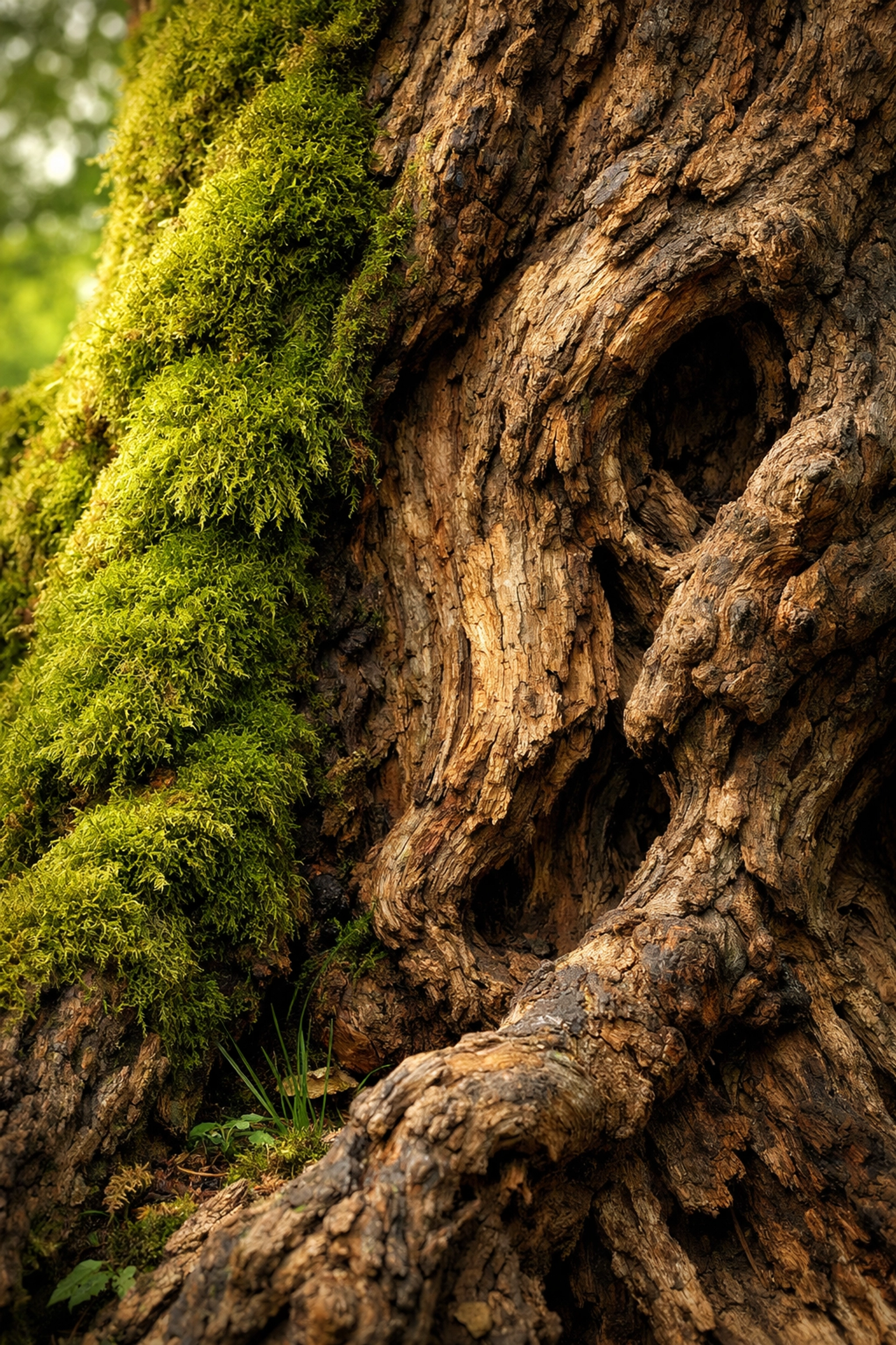 Vibrant moss on a gnarled tree trunk serving as a natural navigation clue in the UK wild.