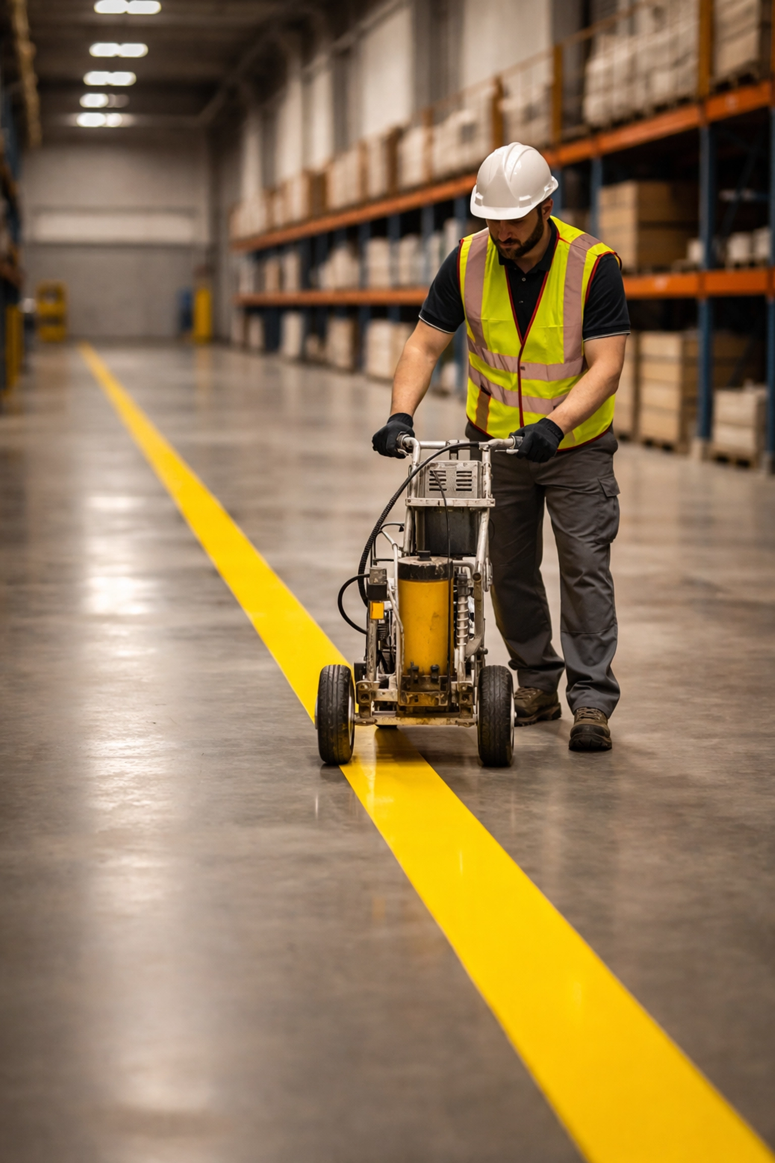 Technician in safety gear applying yellow striping for OSHA-compliant floor markings in Atlanta warehouse