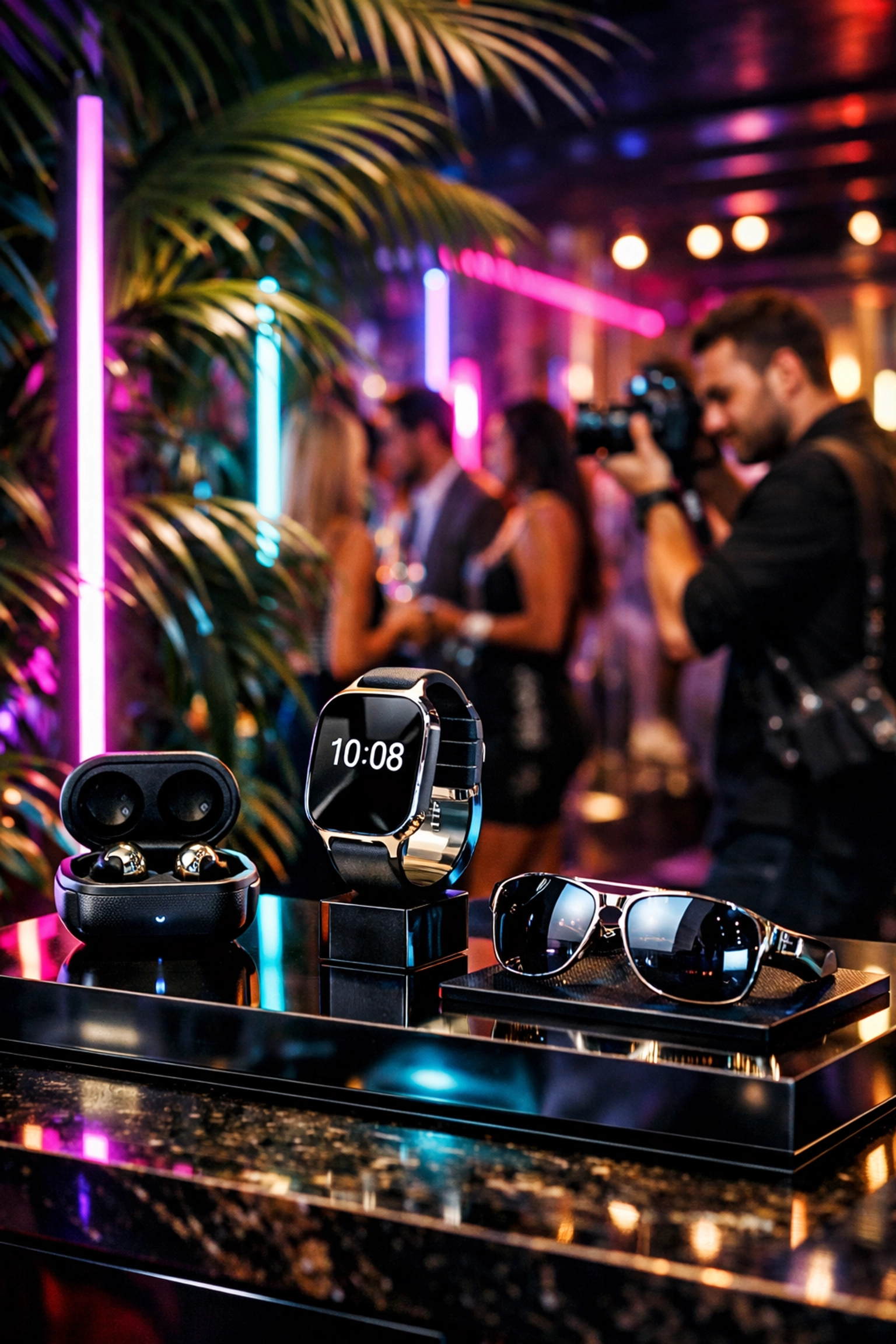 Professional brand activation photography in a modern Miami lounge featuring a luxury product display.