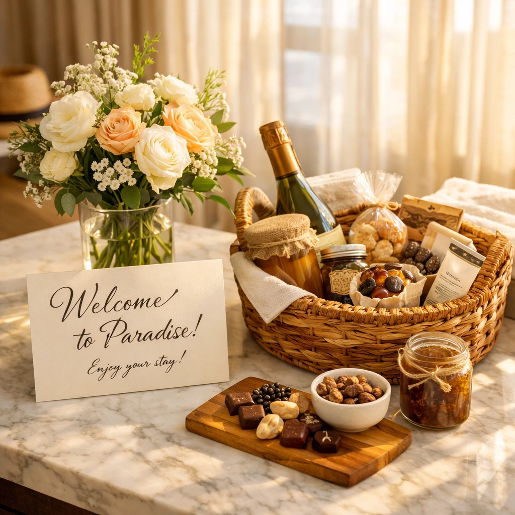 Luxury vacation rental welcome setup with flowers and artisan amenities for guests