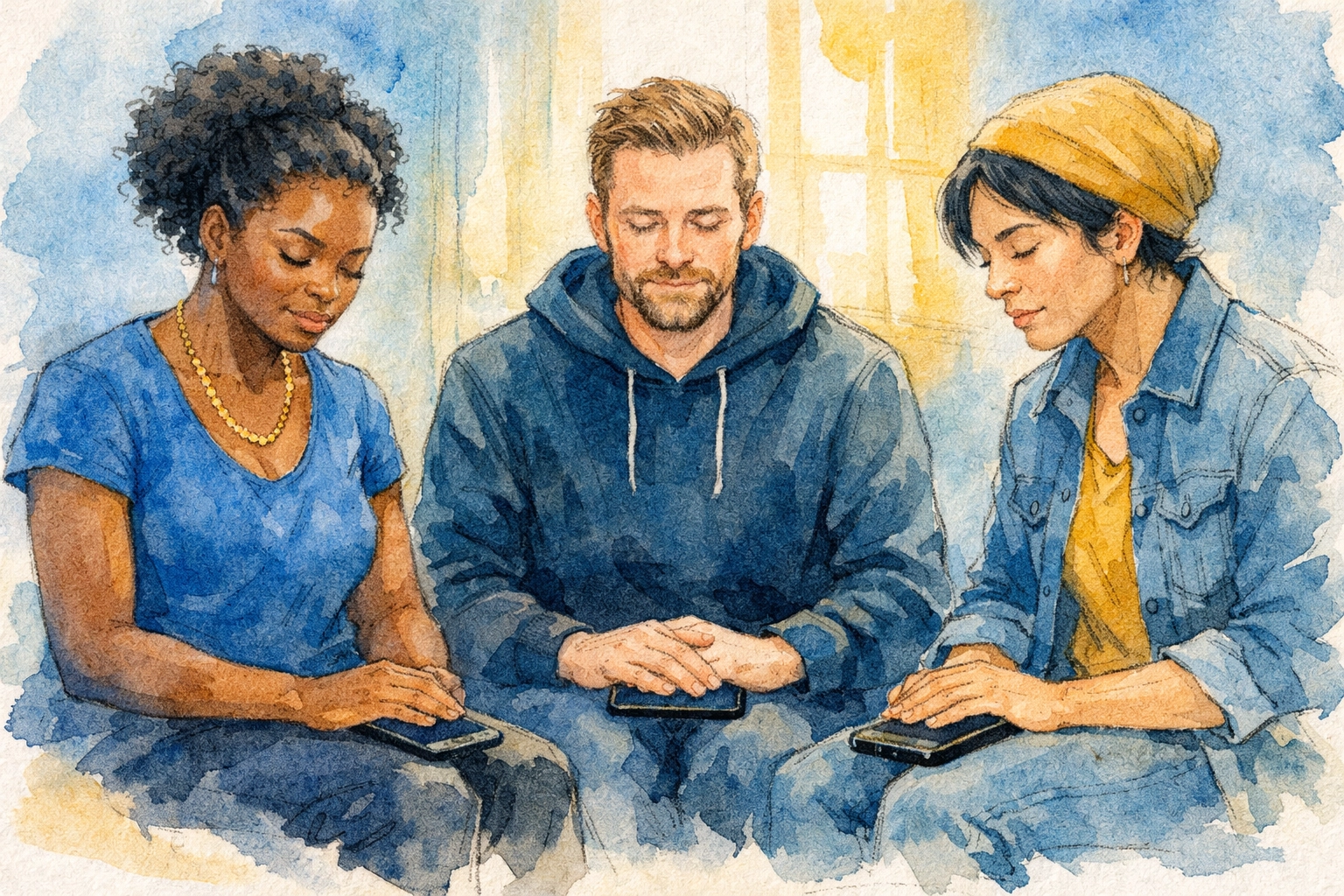 Diverse prayer group with phones face-down, practicing faith boundaries and digital rest together