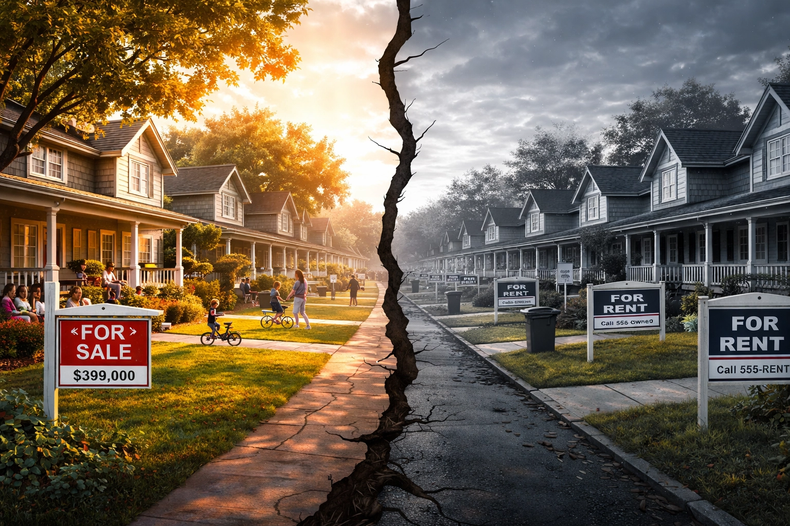 Split image showing a vibrant family-friendly neighborhood and a dull corporate-owned community, representing the future of homeownership.