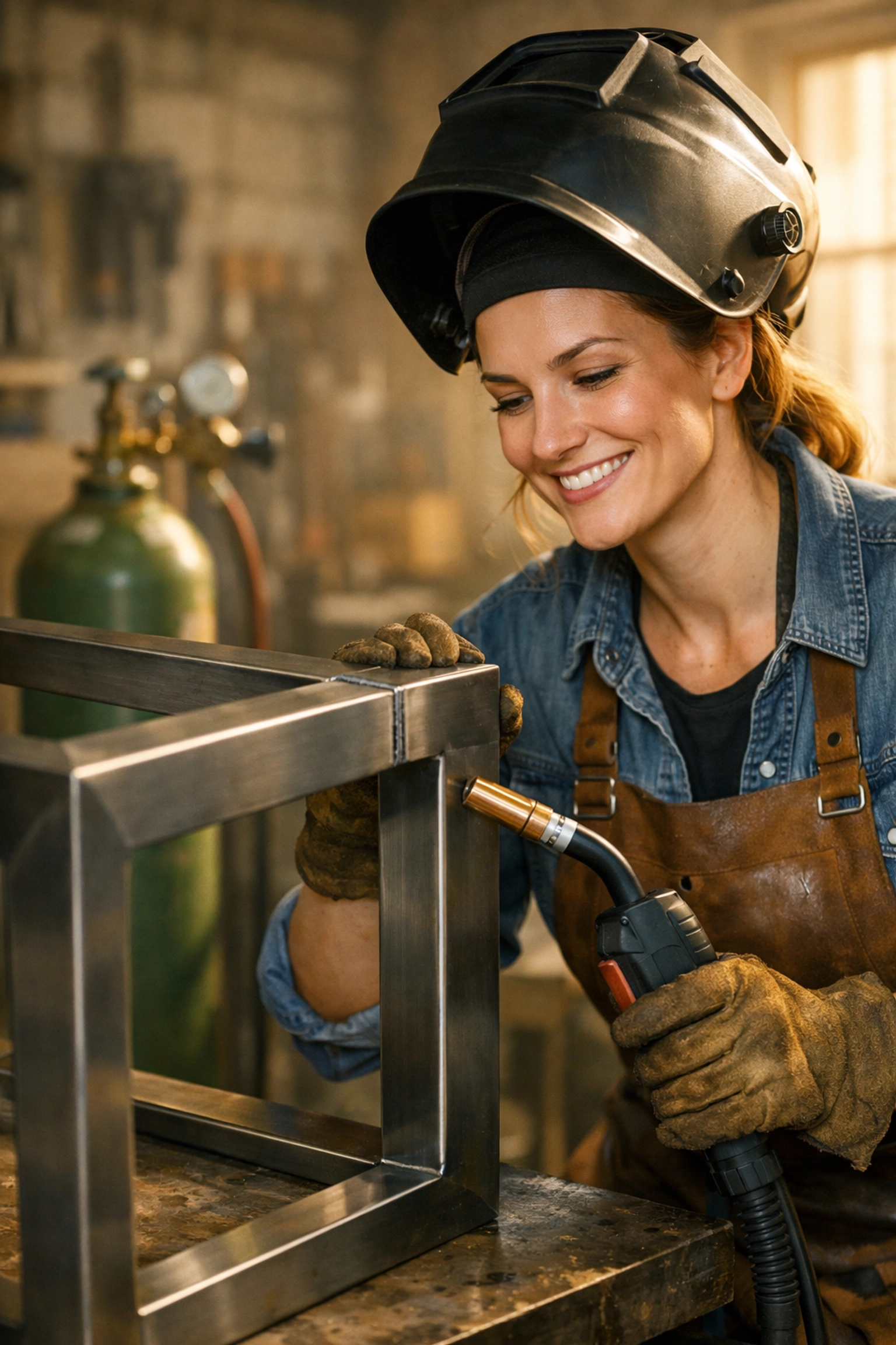 A metalworker inspecting a clean, spatter-free weld on steel furniture using Argon mix welding gas.