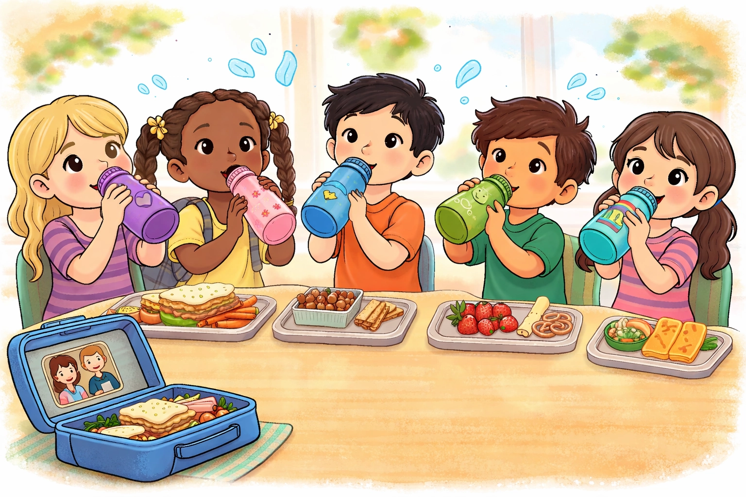 Diverse children drink water together at school lunch, illustrating healthy hydration for nighttime potty training.