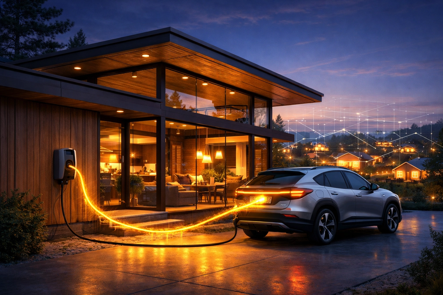 Electric SUV using bidirectional charging to power a modern eco-home during the evening.