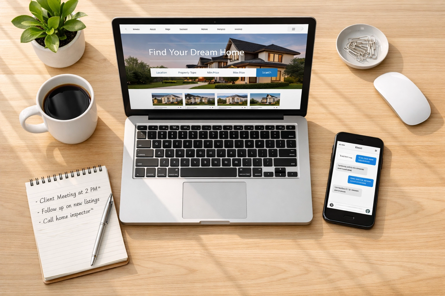 Real estate agent communication tools including laptop and smartphone