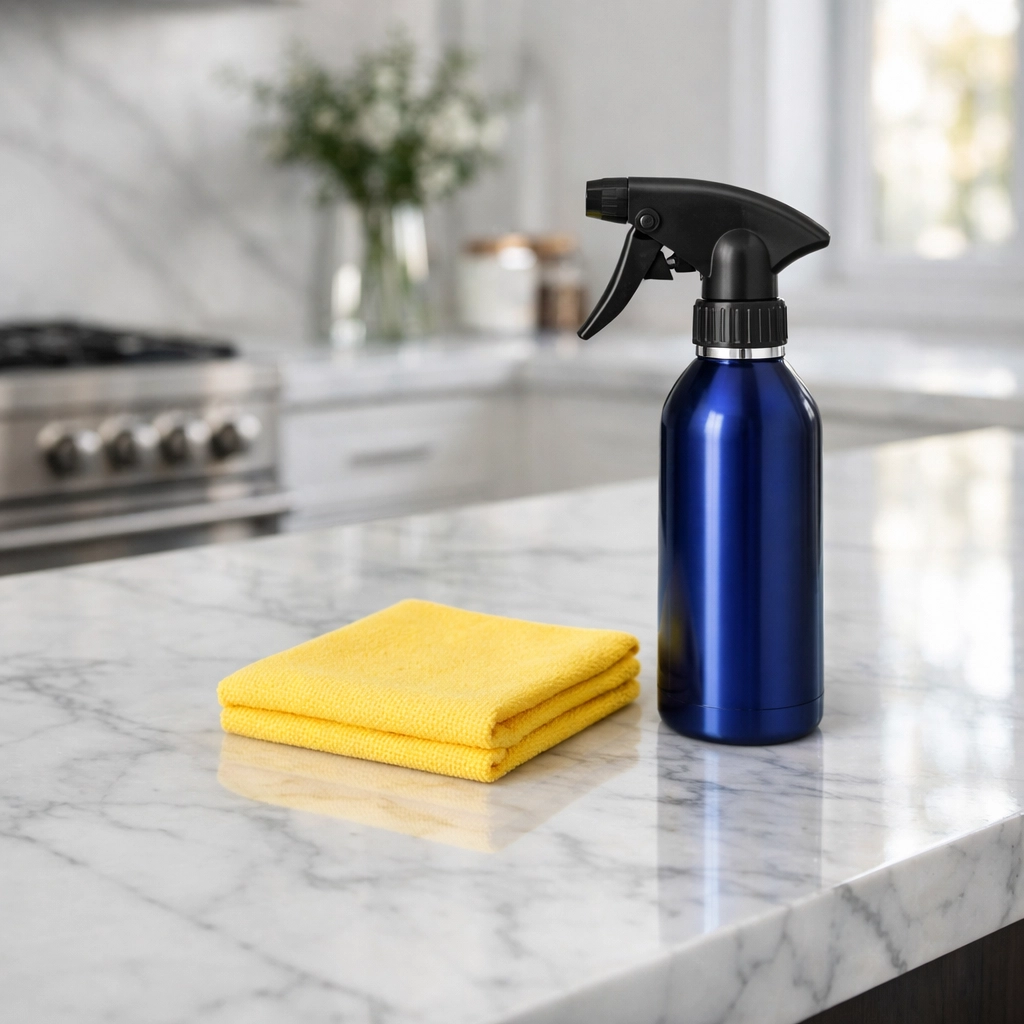 Microfiber cloth and professional spray bottle on a marble island for house cleaning in Townsend MA.