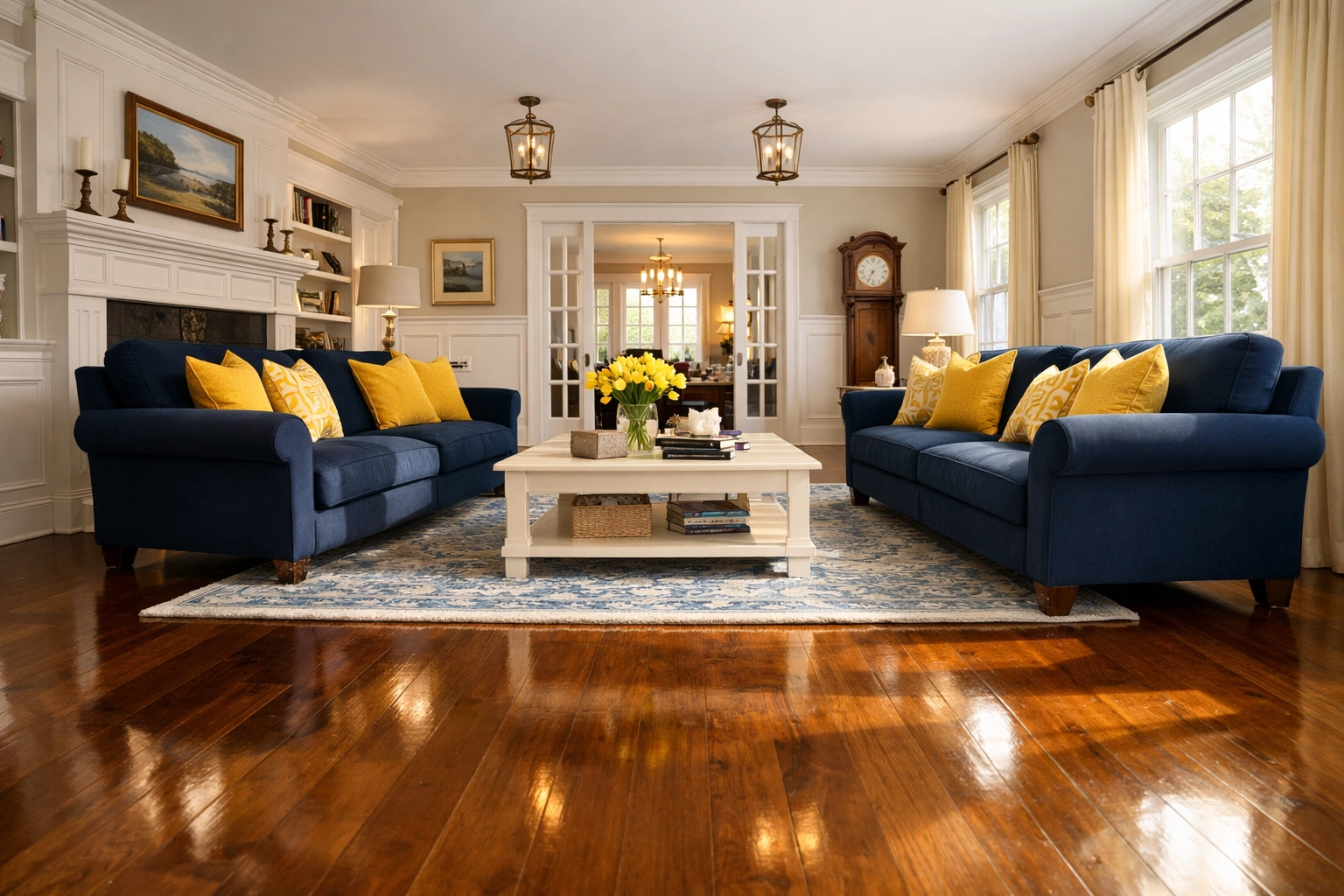 Clean Lexington living room with spotless hardwood floors after a professional cleaning strike.