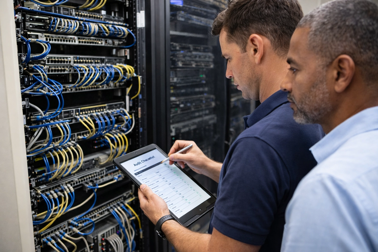 Detailed inspection of complex IT systems symbolizing a professional security audit.