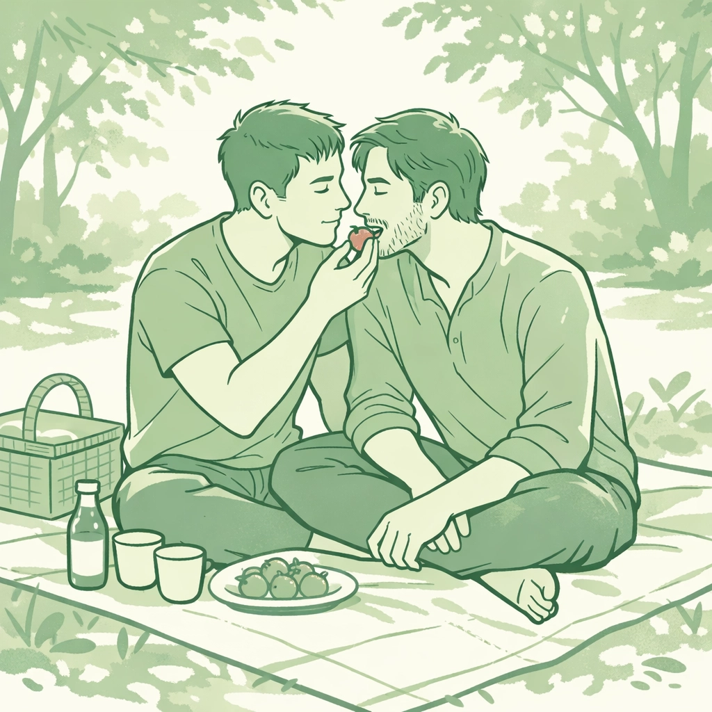 Gay couple sharing strawberry on picnic blanket in secluded park setting