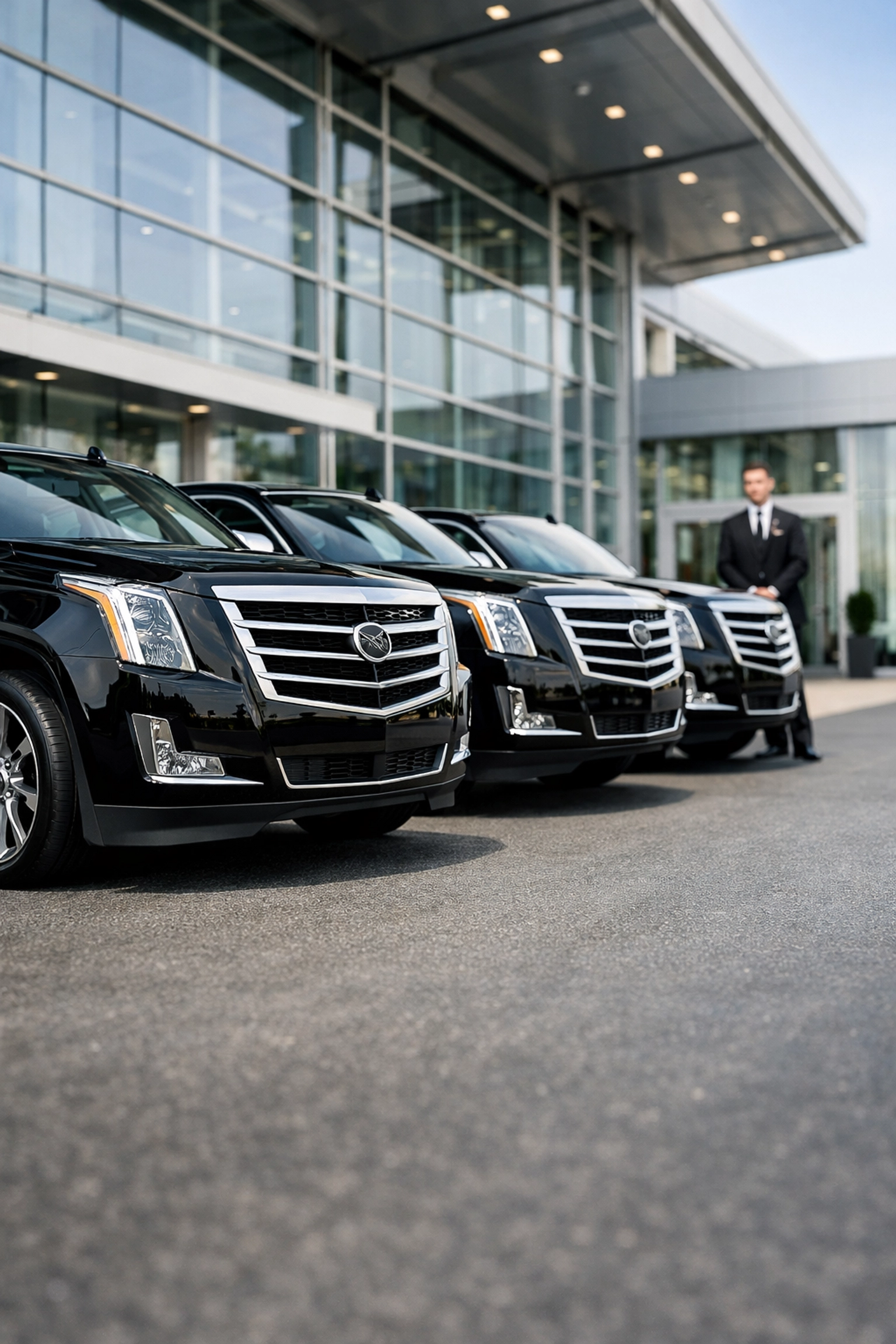 Luxury black SUV fleet and chauffeur at a private terminal for Super Bowl executive transportation logistics.
