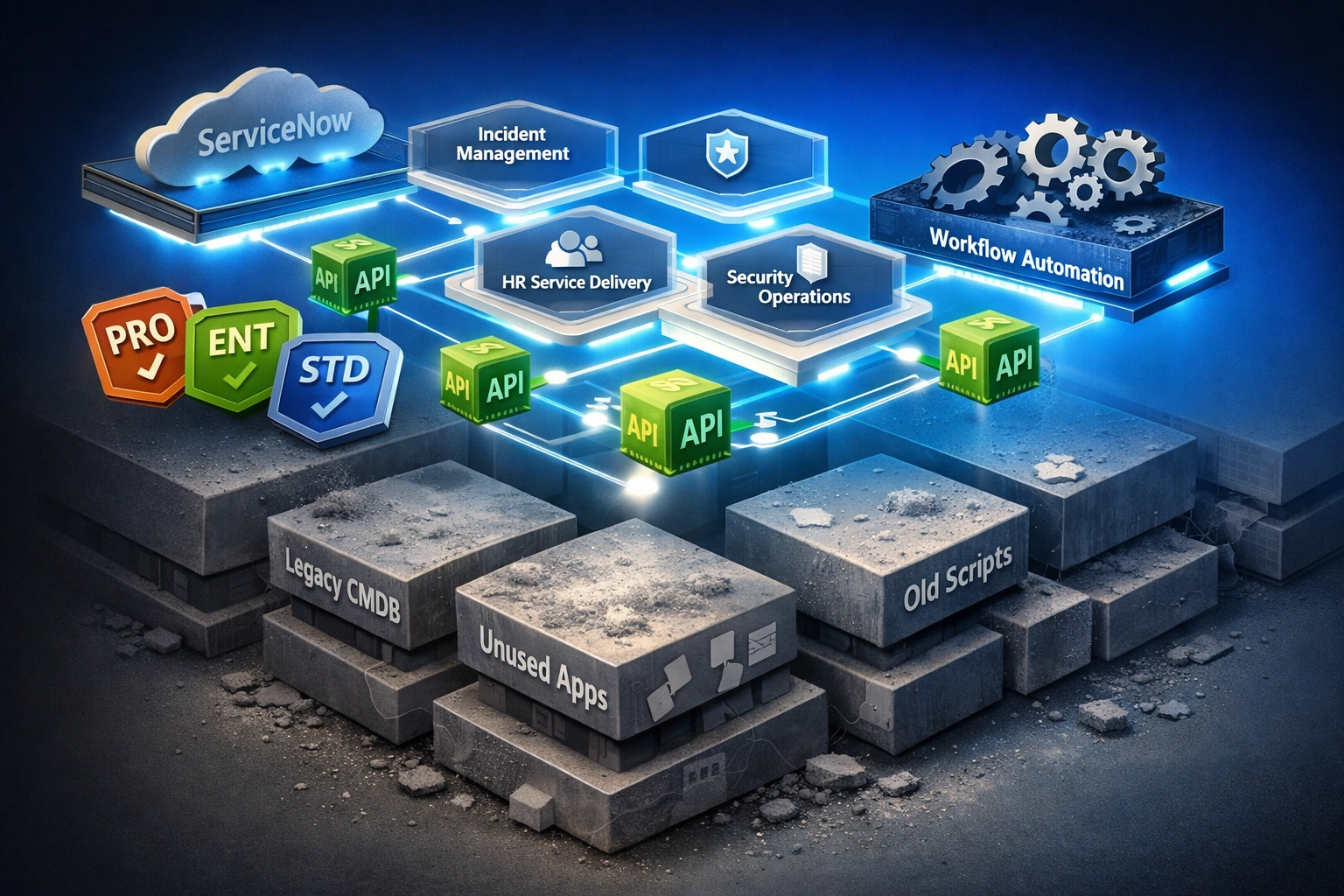 ServiceNow platform optimization showing unused licenses versus optimized implementation architecture