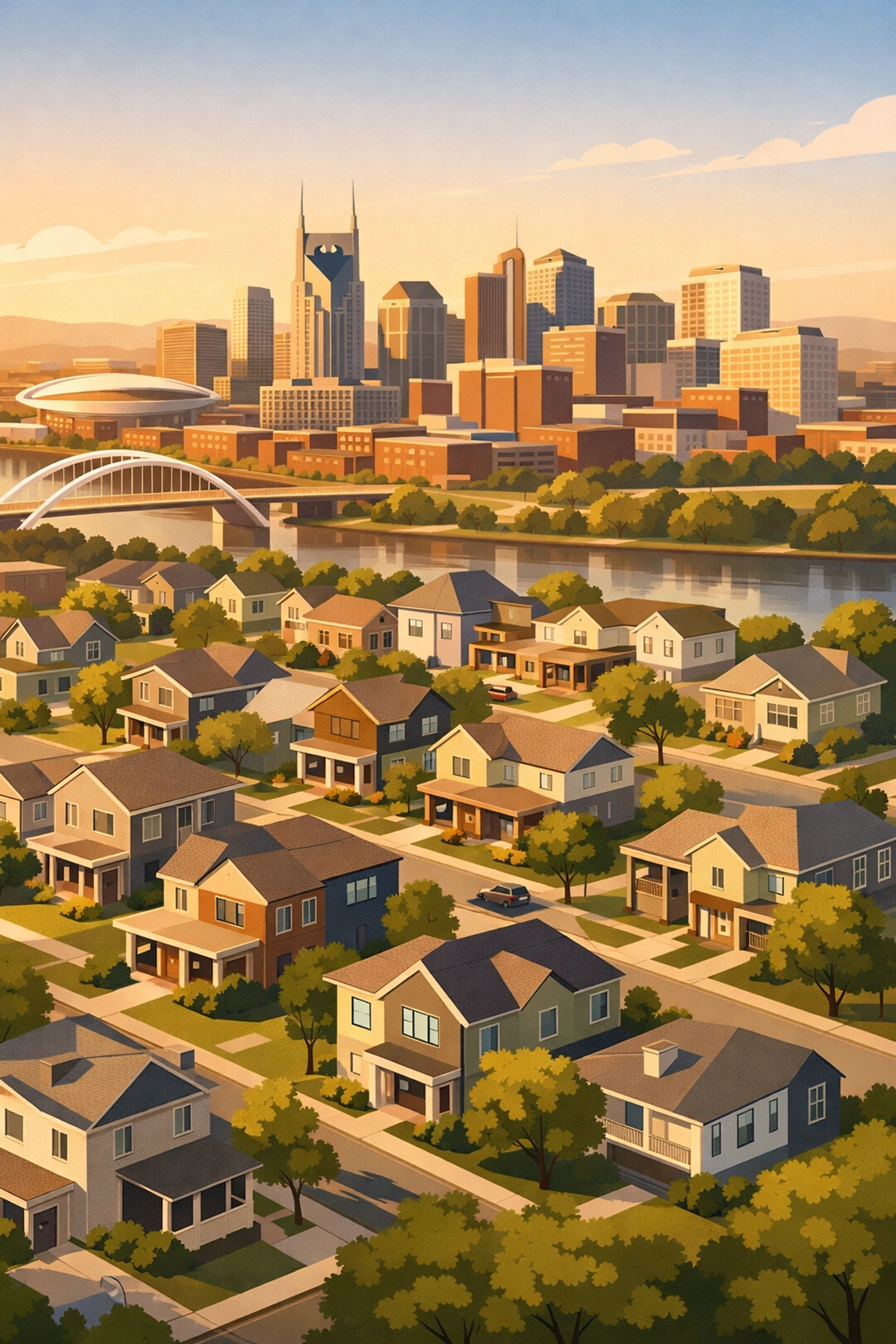 Aerial view of Nashville skyline and suburban neighborhoods showcasing Tennessee real estate investment opportunities