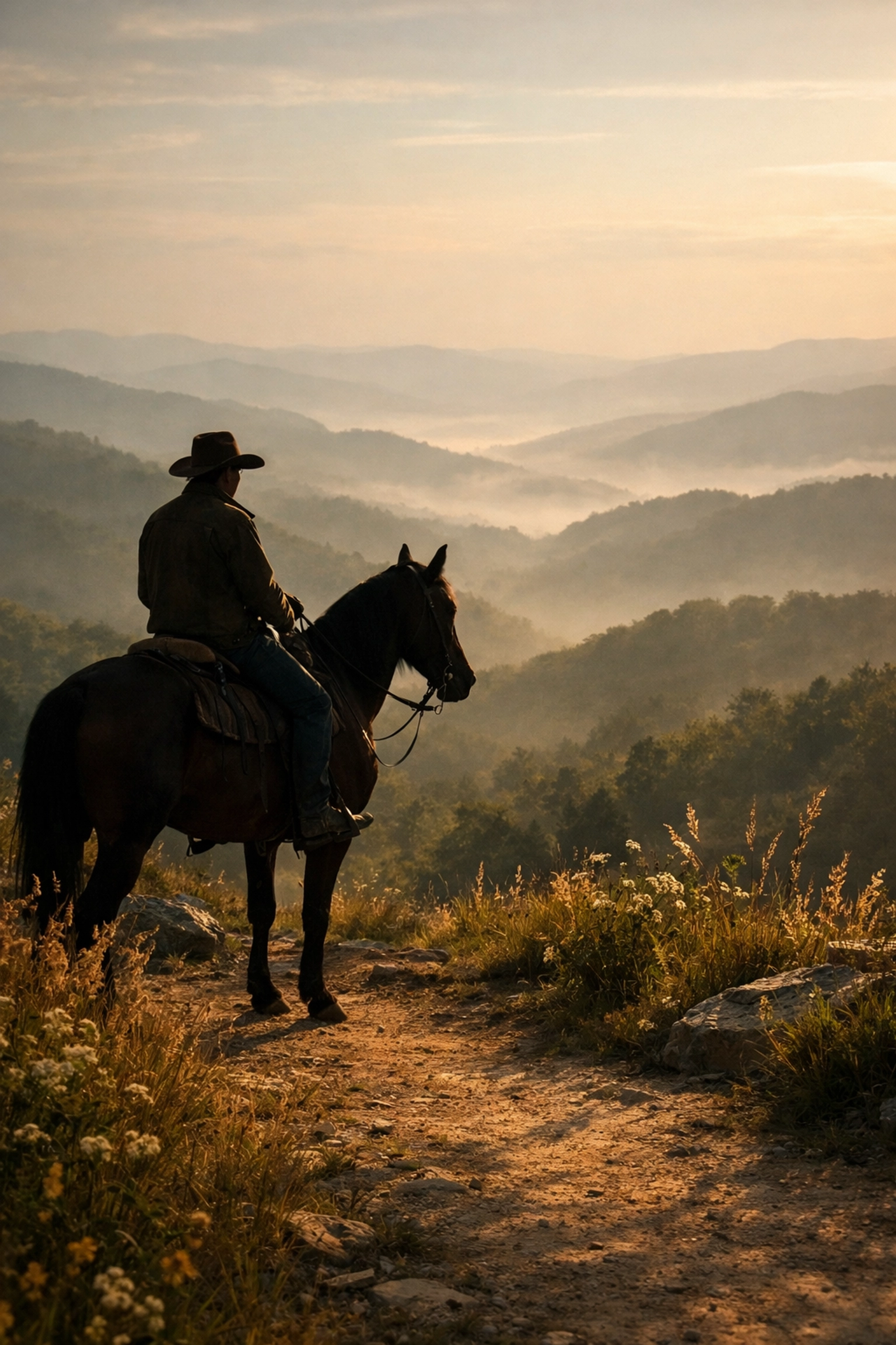 Horseback rider at scenic overlook on Love Valley Trail in Brushy Mountain foothills