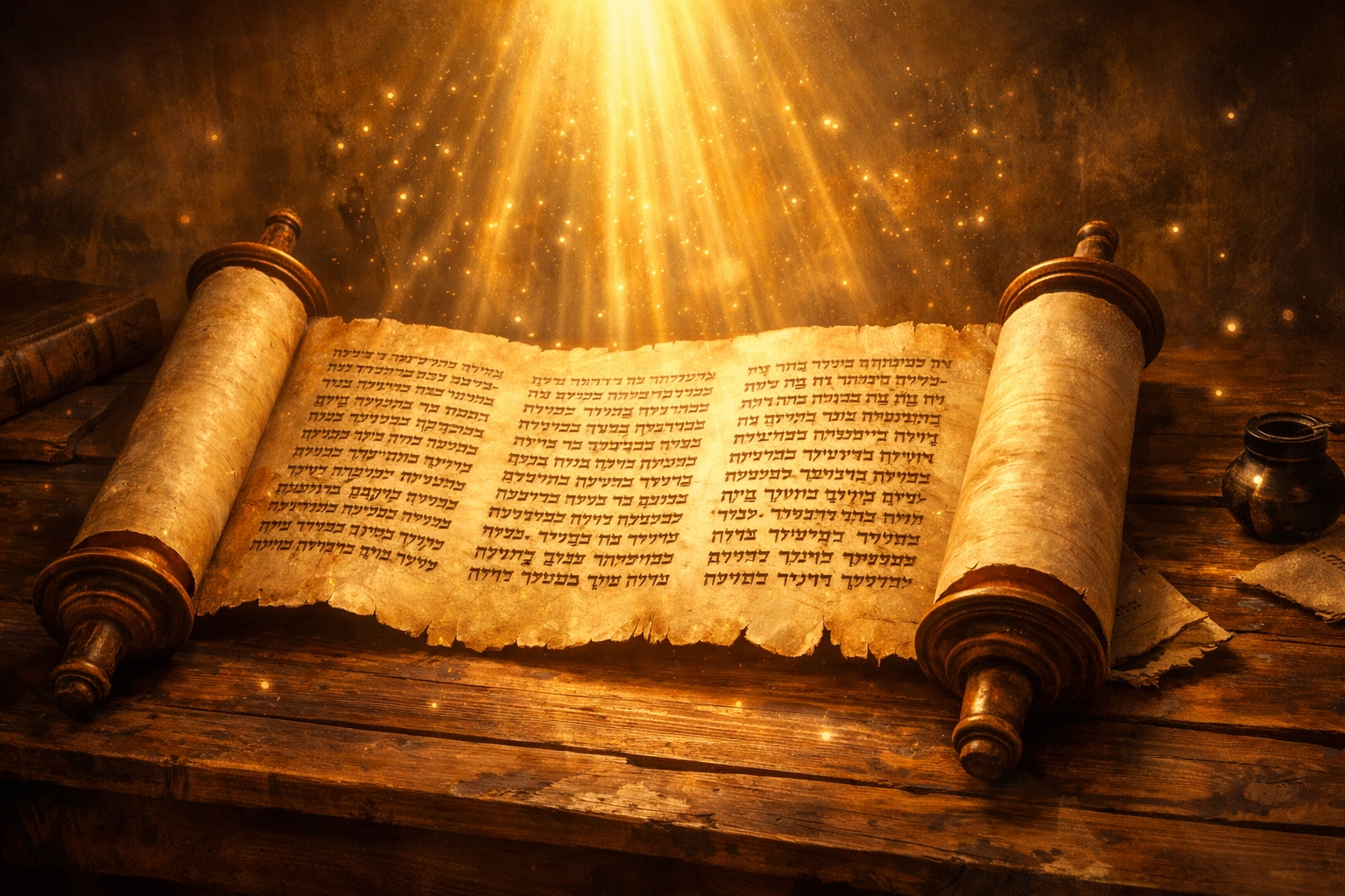 Ancient Hebrew scripture scroll illuminated by divine light representing God's Word as spiritual weapon
