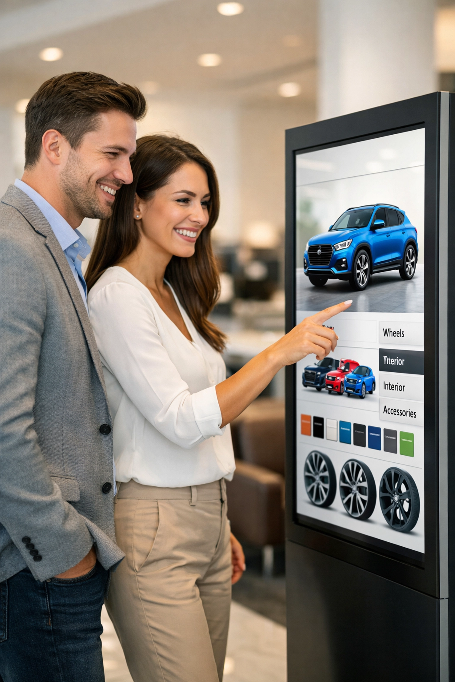 Dealership customers using an interactive digital kiosk for vehicle configuration and marketing.
