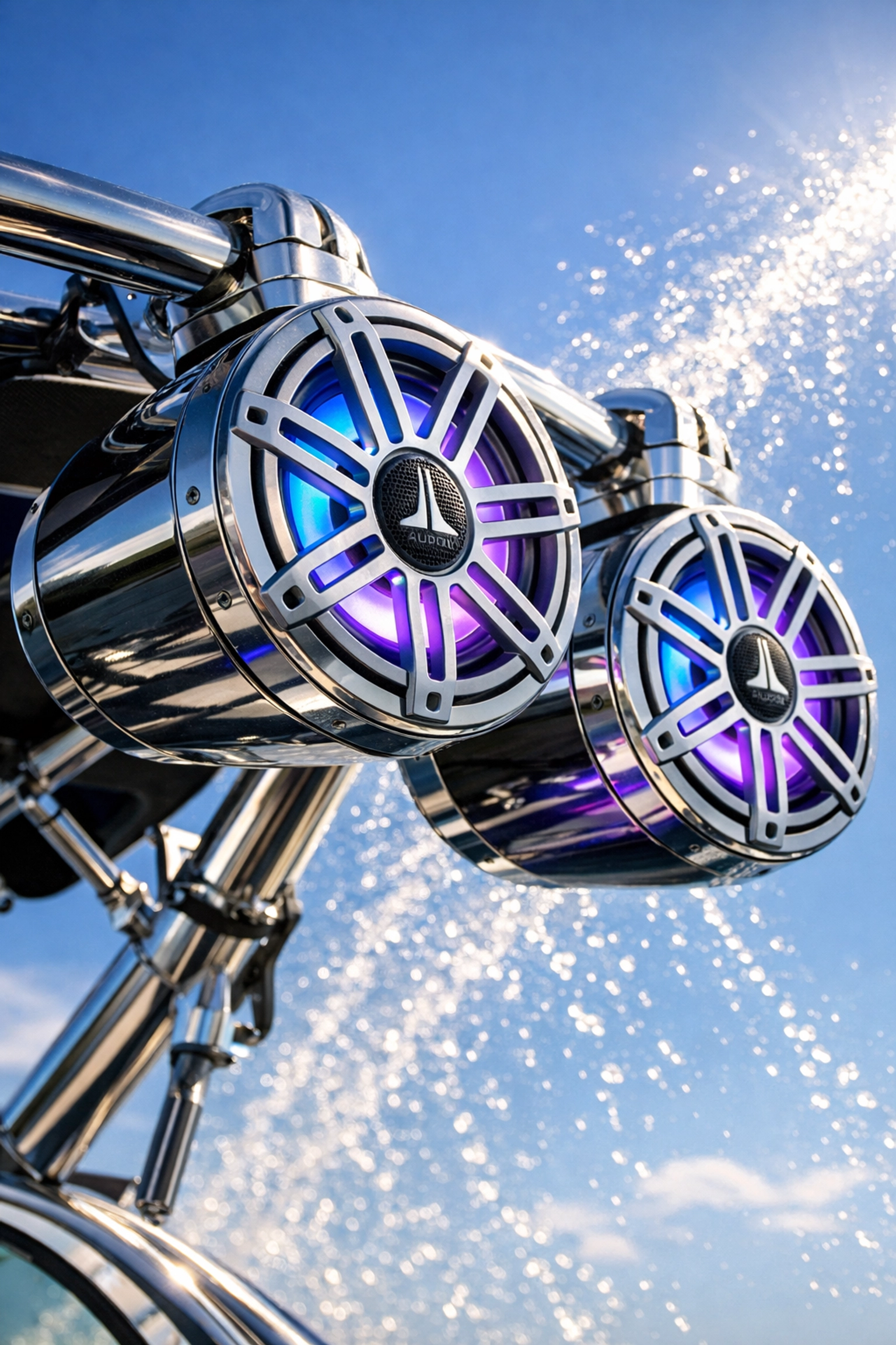 JL Audio M6 marine tower speakers mounted on boat wakeboard tower with RGB lighting