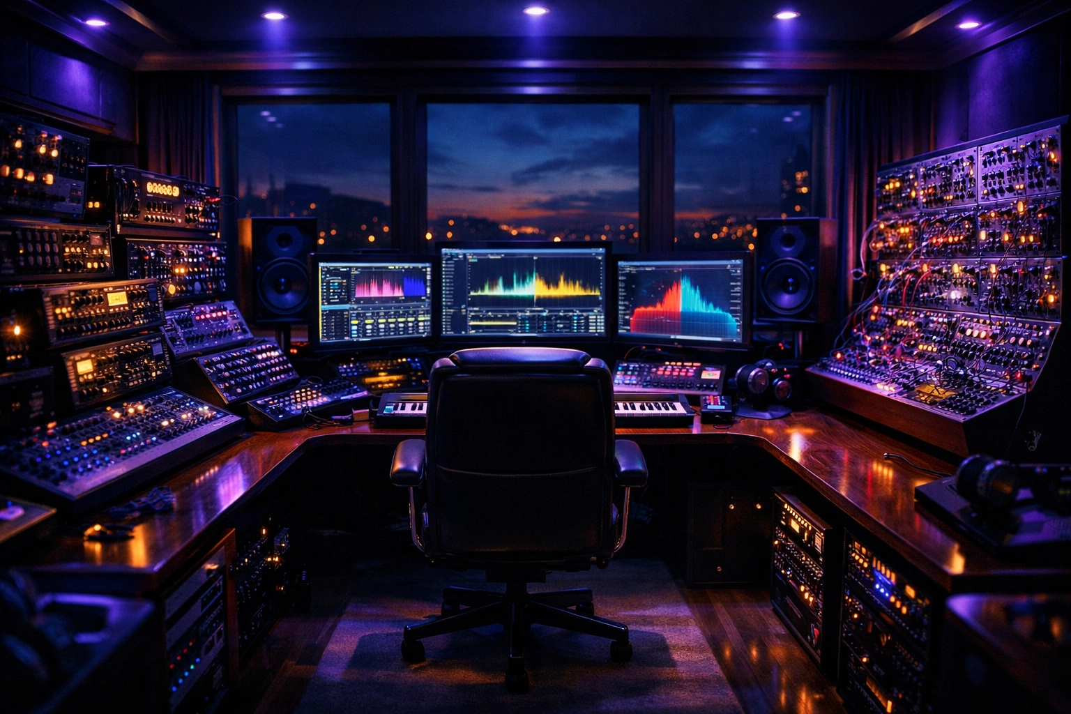 Professional studio with data monitors representing a data-driven music marketing plan and industry consulting.