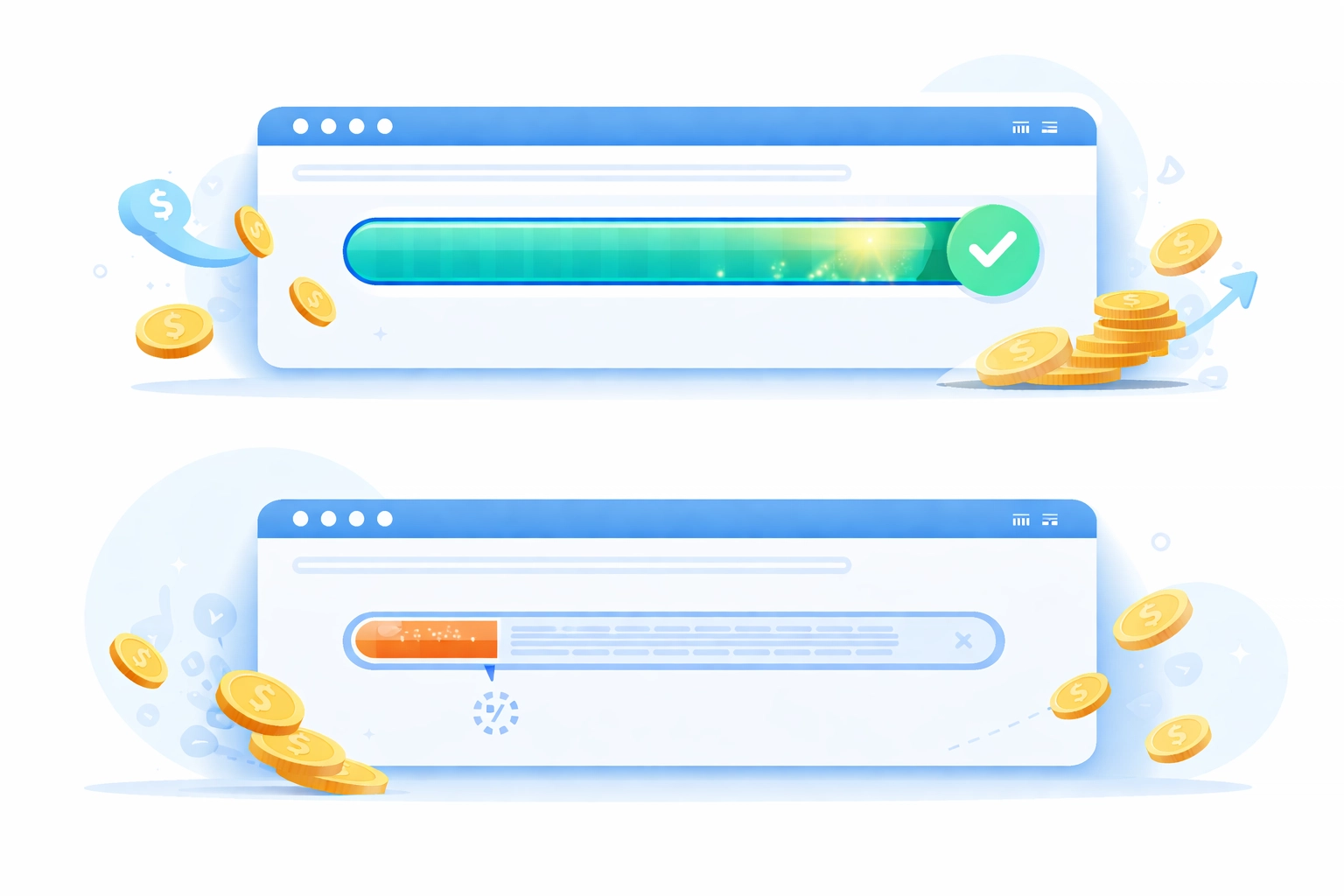 Illustration of web loading bars and coins showing how slow website speed reduces online conversion rates