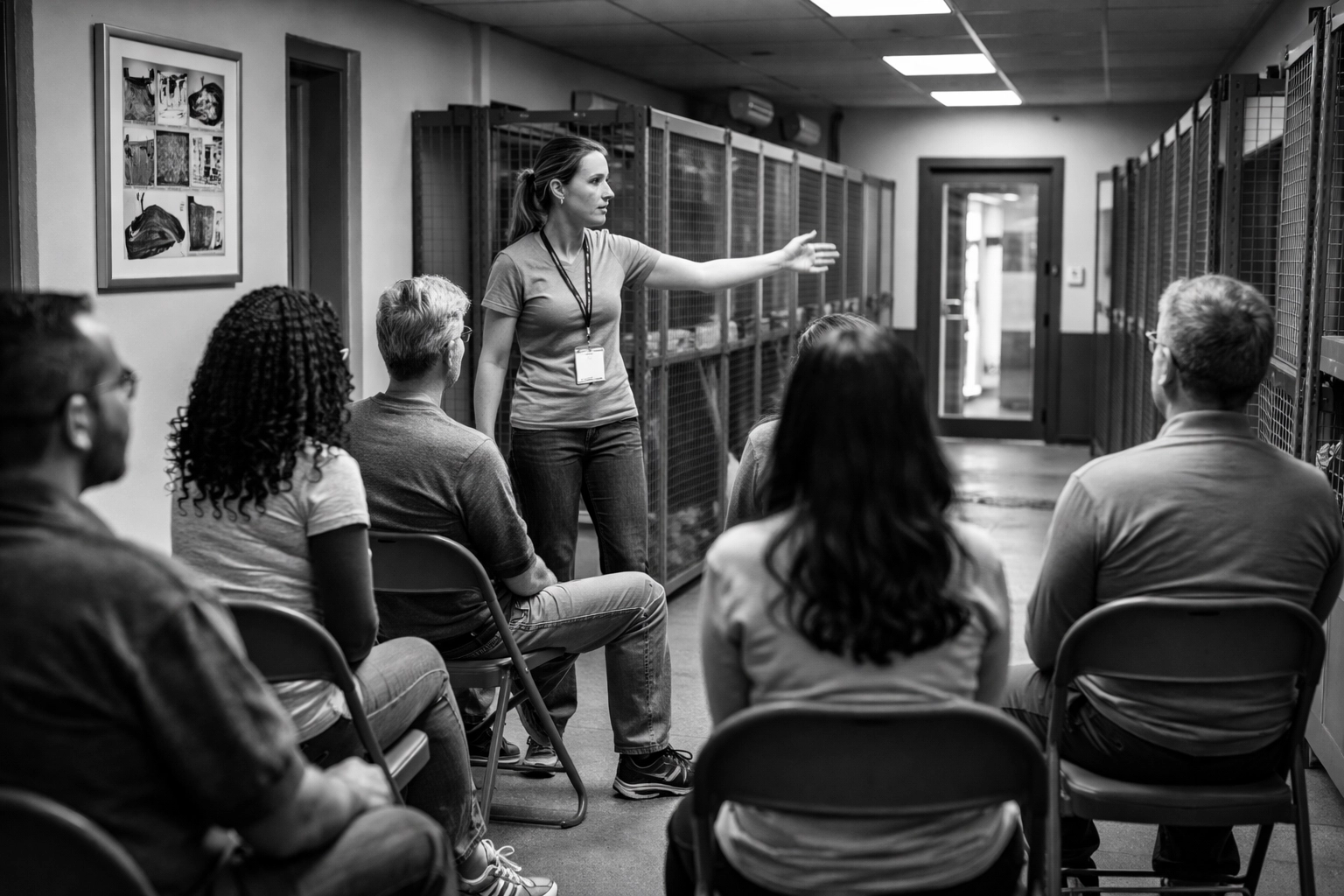 New volunteers attending an orientation session at an animal shelter