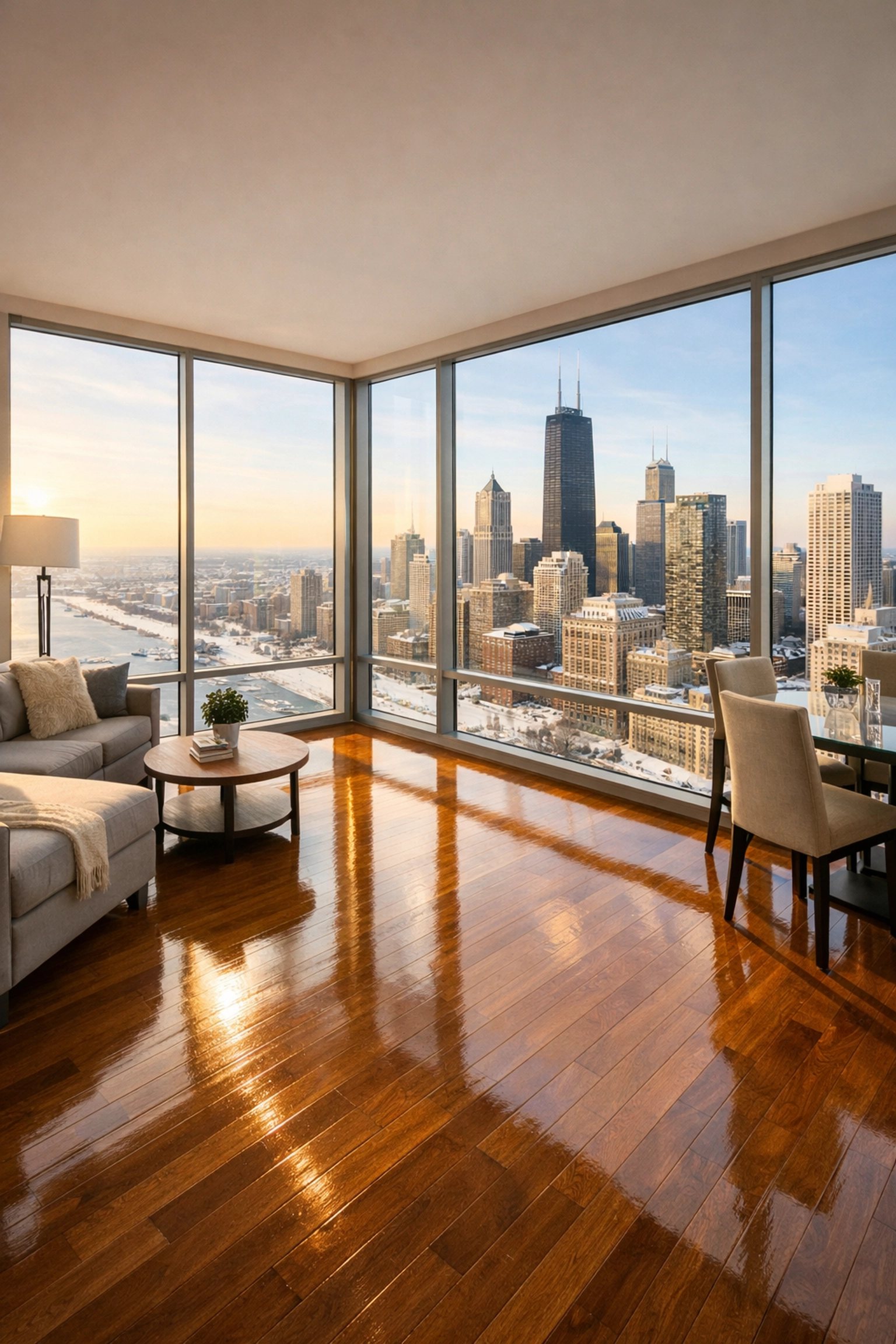 Pristine Chicago apartment interior showing professional turnover cleaning and polished floors.
