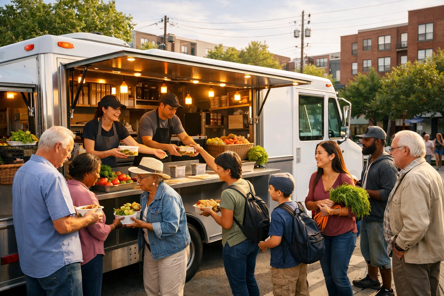 Mobile food truck serving fresh meals to diverse community members in urban neighborhood