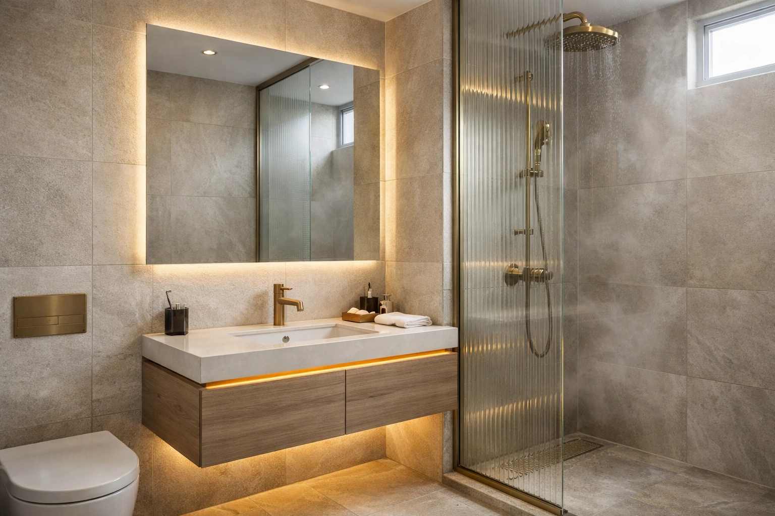 Small bathroom ideas - ultra-photorealistic 8K compact luxury bathroom render