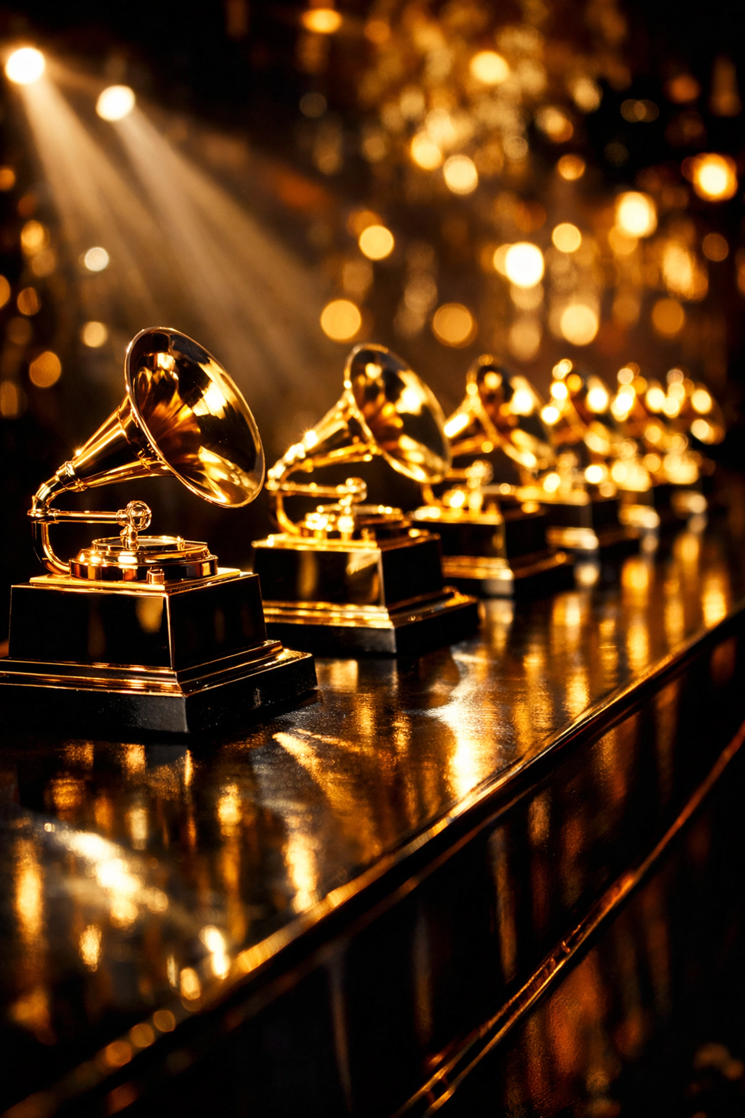 Golden Grammy Award trophies from 2026 ceremony honoring music's biggest winners