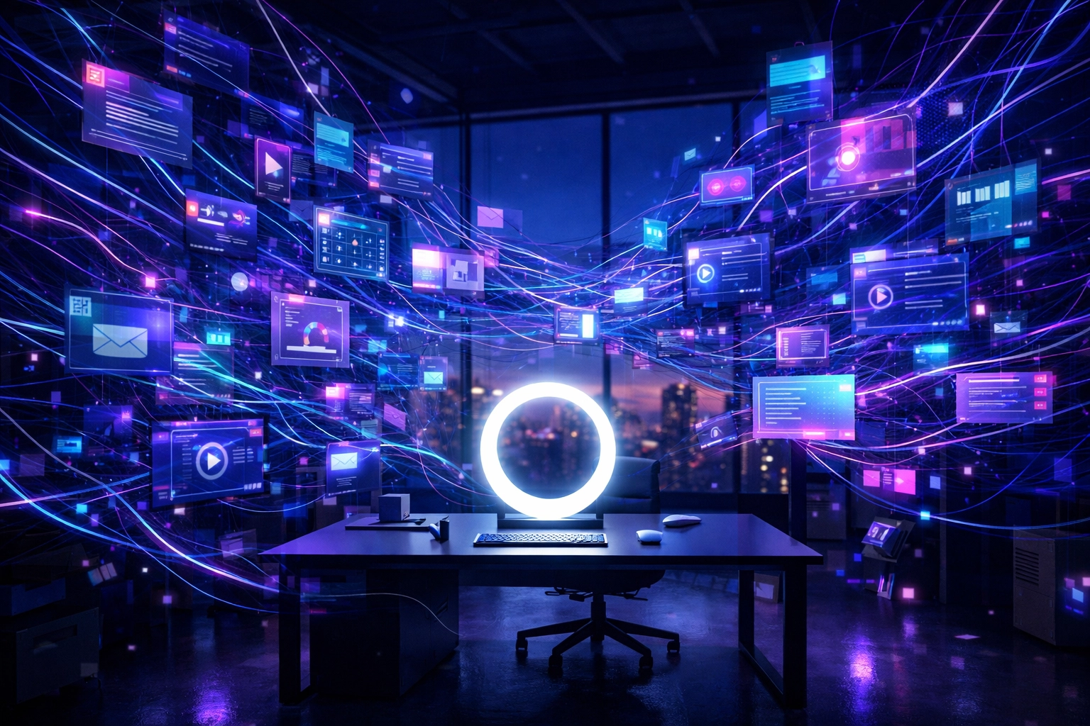 Central AI management hub organizing digital chaos and data in a modern startup office.