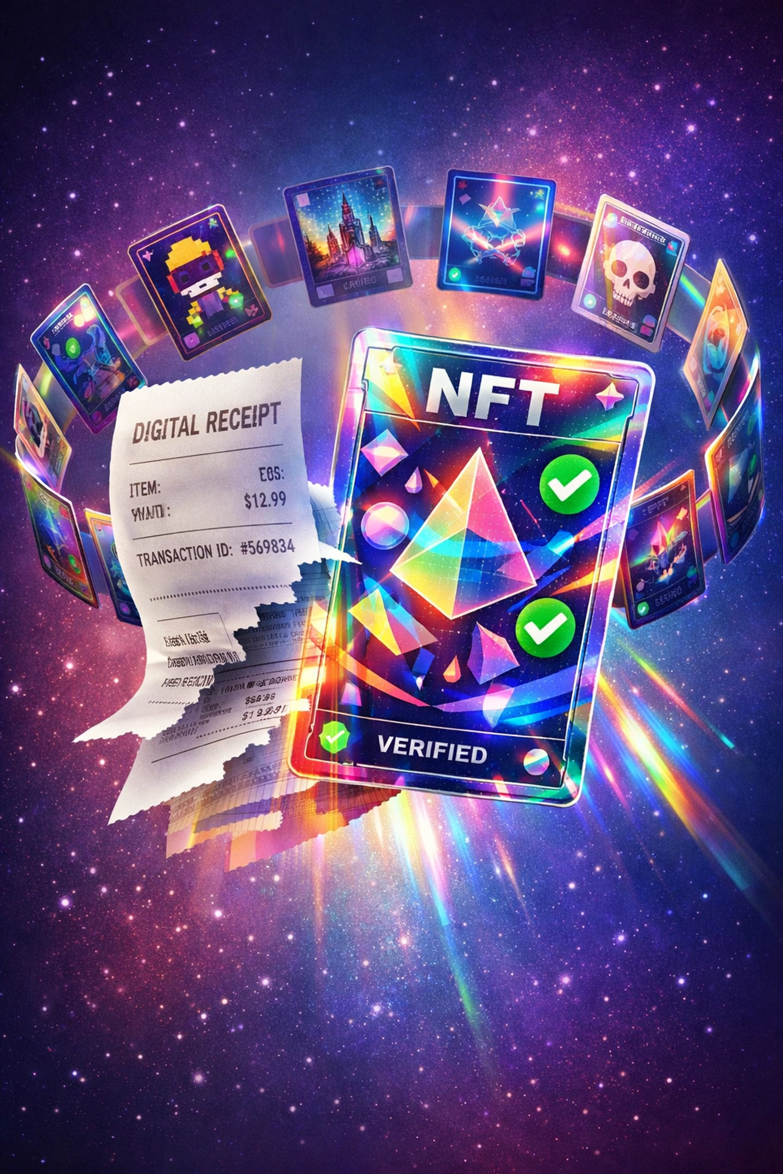 Digital payment receipt transforming into NFT collectible for Web3 merchants