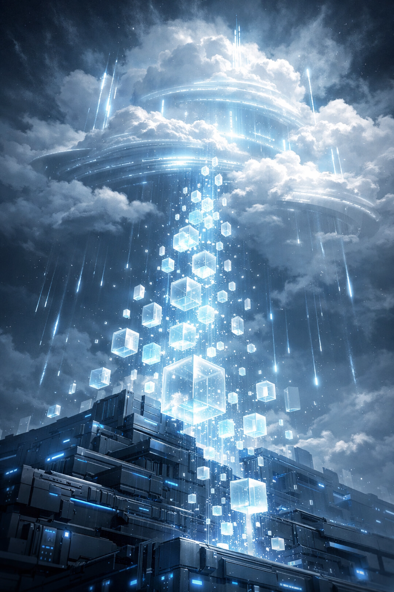 Visual representation of secure cloud migration showing data blocks moving to a scalable cloud infrastructure.