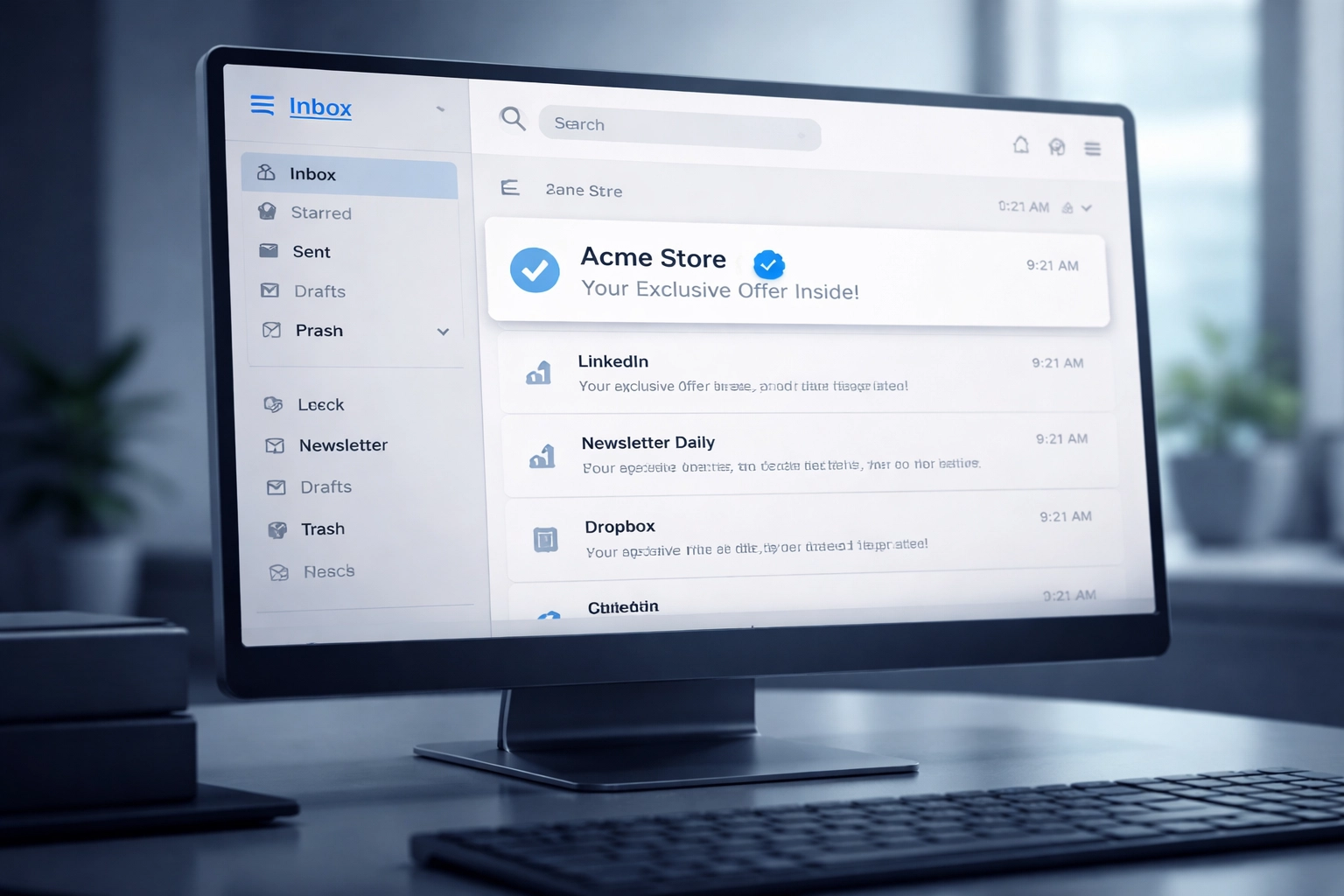 Computer monitor displaying an email inbox with a verified brand logo, demonstrating BIMI trust and protection