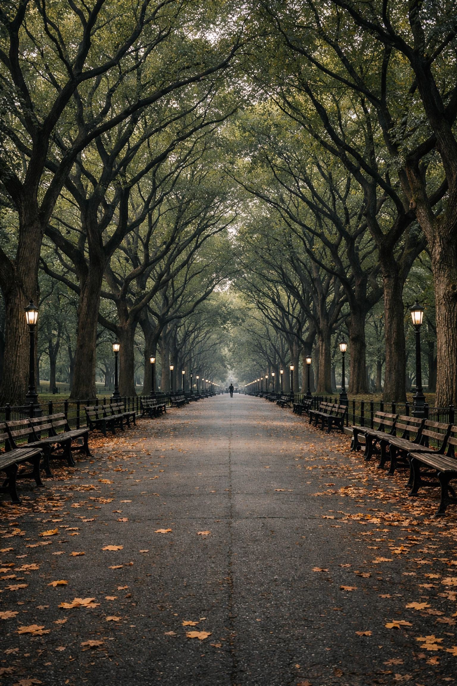 Symmetrical view of The Mall in Central Park with autumn foliage, one of the best places to take pictures in NYC.