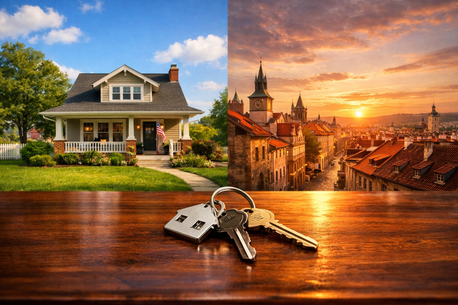 Indiana home and European city split view representing international property division and divorce lawyer Indiana expertise.