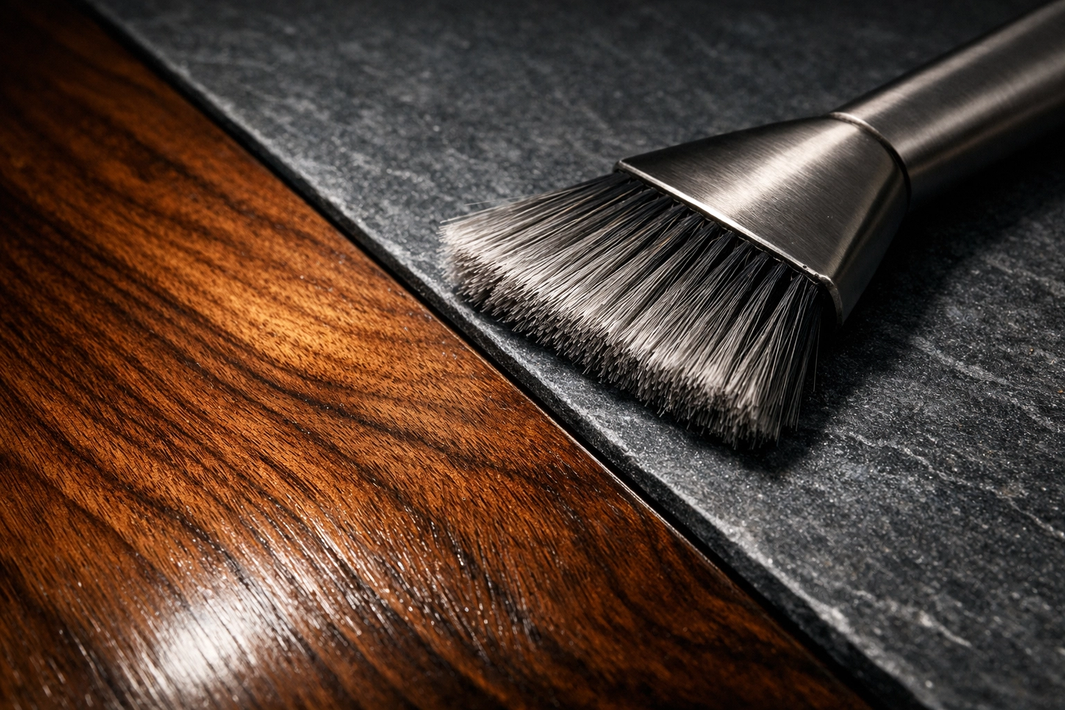 Detailed view of polished dark walnut flooring and a dust-free slate fireplace hearth.