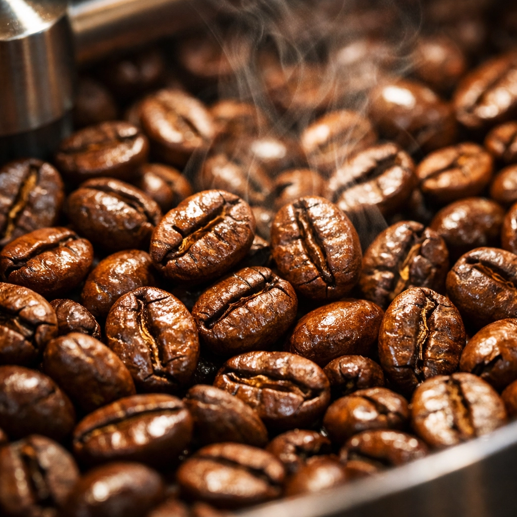 Freshly roasted coffee beans cooling after roast, showing texture and rich brown color during degassing.