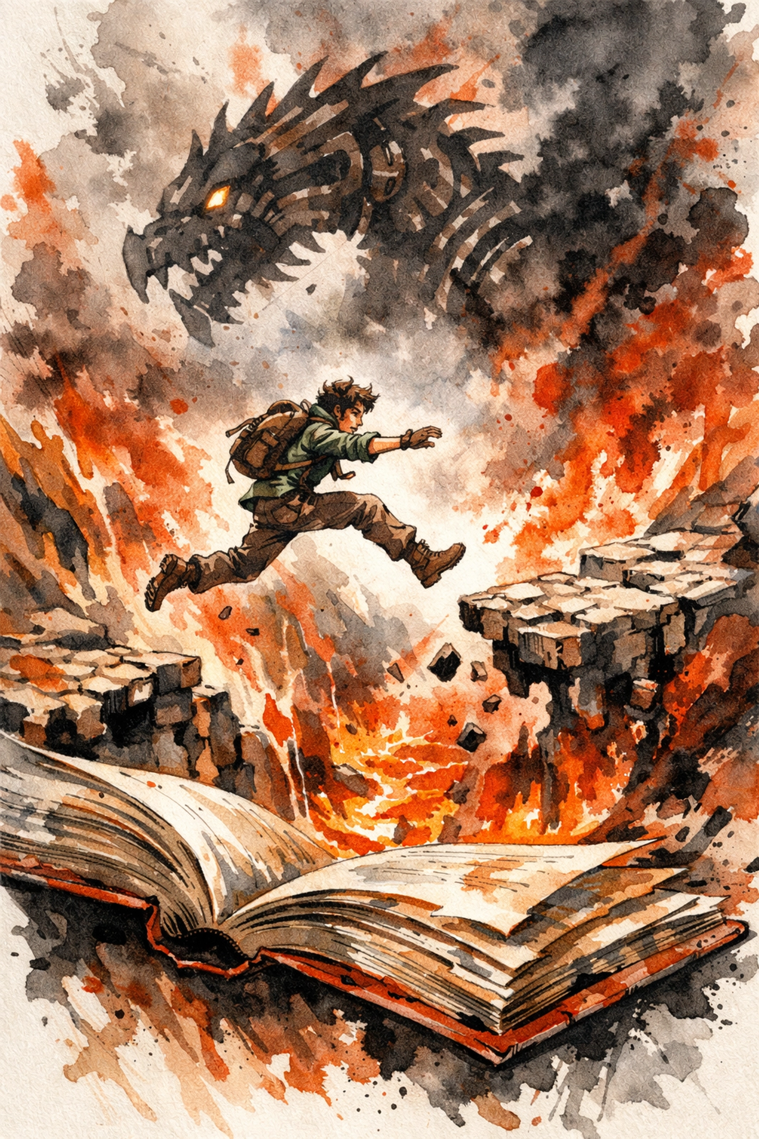 An explorer leaping across a fiery canyon inside one of our magical adventure books for children.