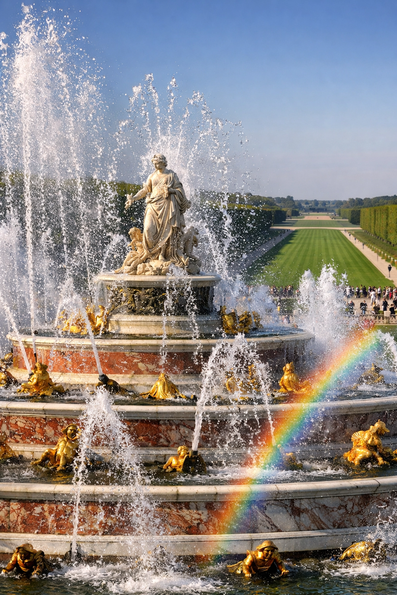 Latona Fountain at Versailles Gardens with frozen water droplets, a top photo spot for fountain photography.