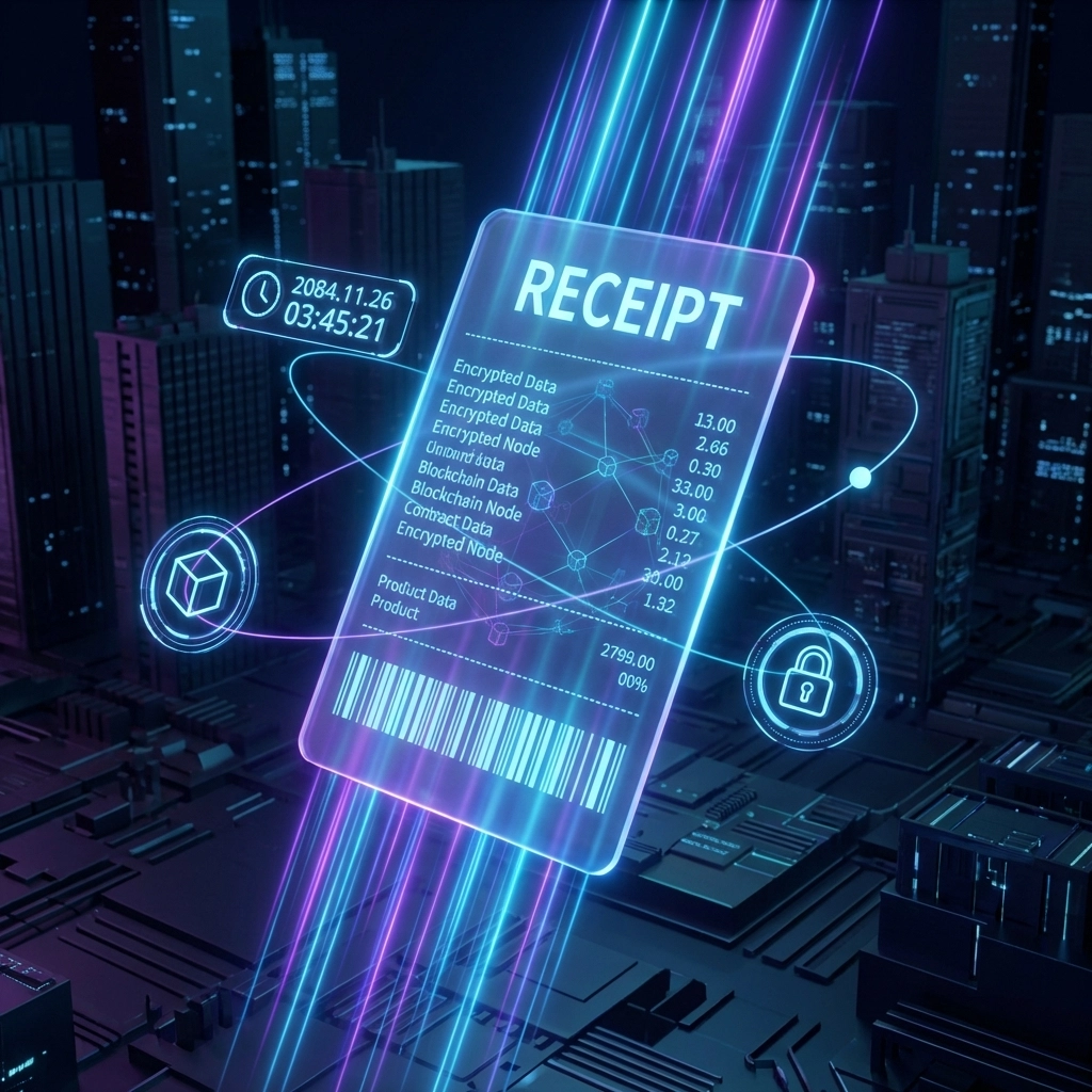 Digital NFT receipt with blockchain data and encrypted transaction details in a futuristic environment
