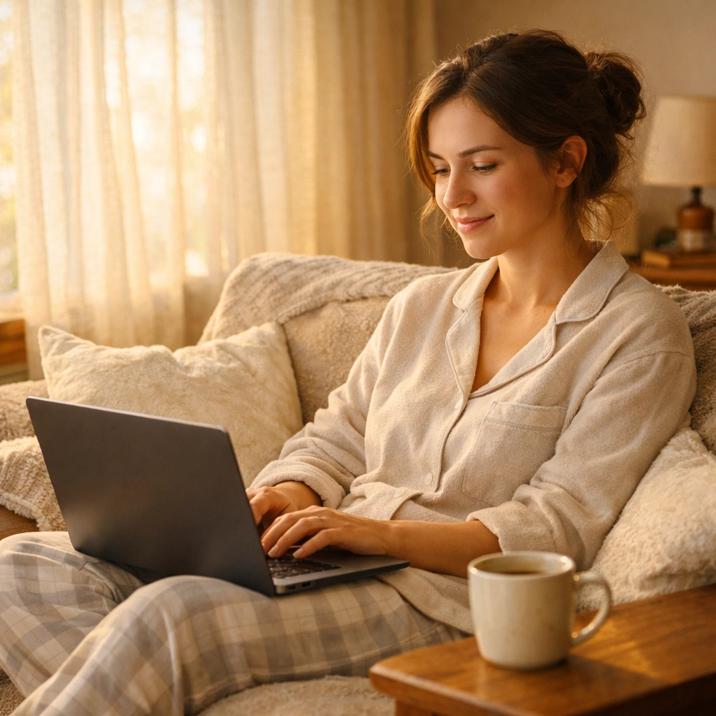 Woman watching church service online from home on her laptop in comfortable pajamas