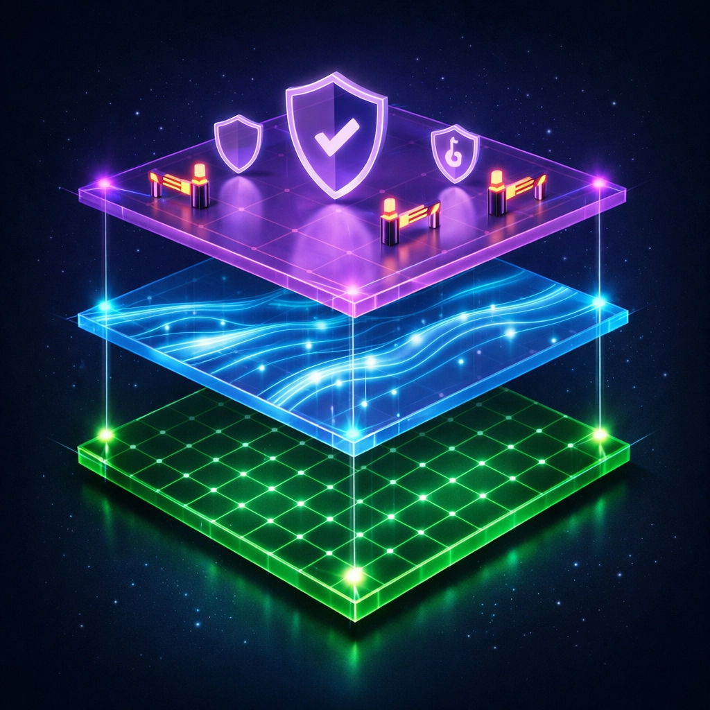 Layered enterprise AI governance architecture showing infrastructure, monitoring, and policy controls