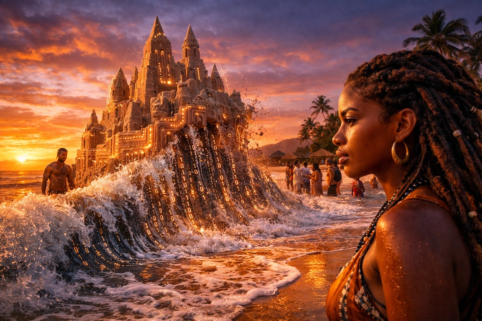 Afro-Caribbean woman watching a digital sandcastle dissolve, representing shifting AI business strategy and data moats.