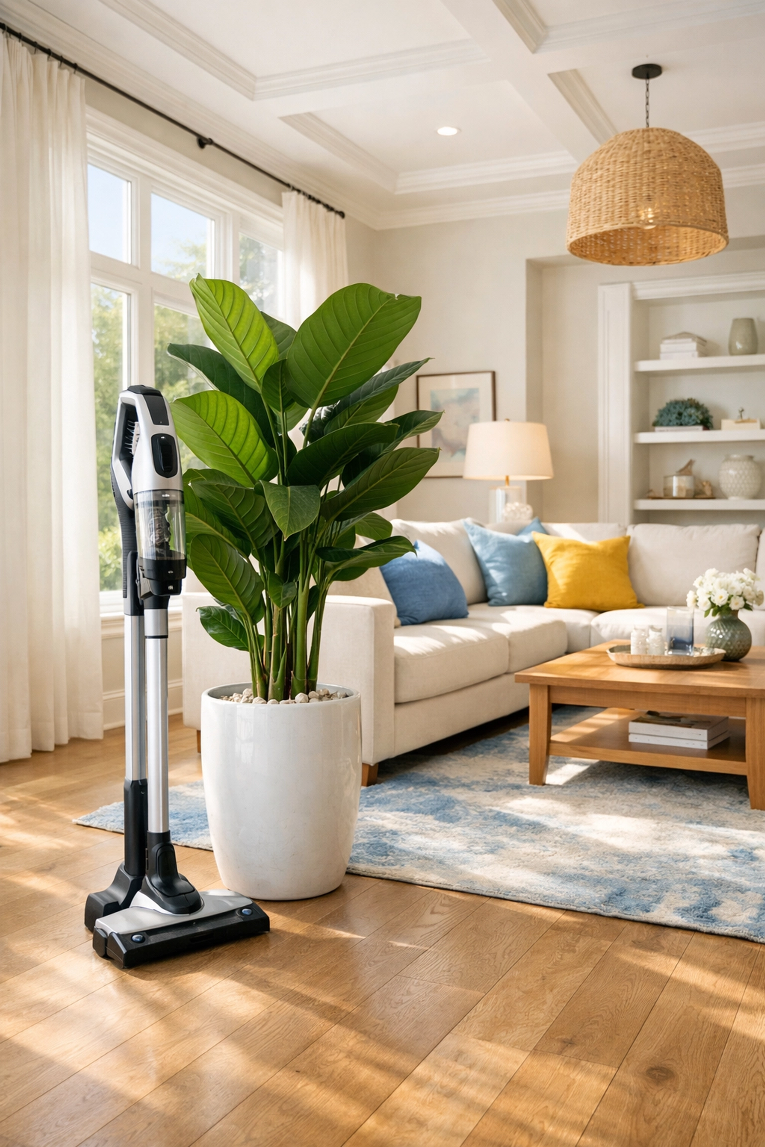 Eco-friendly house cleaning services MA using a HEPA vacuum in a sun-drenched, pet-safe luxury living room.