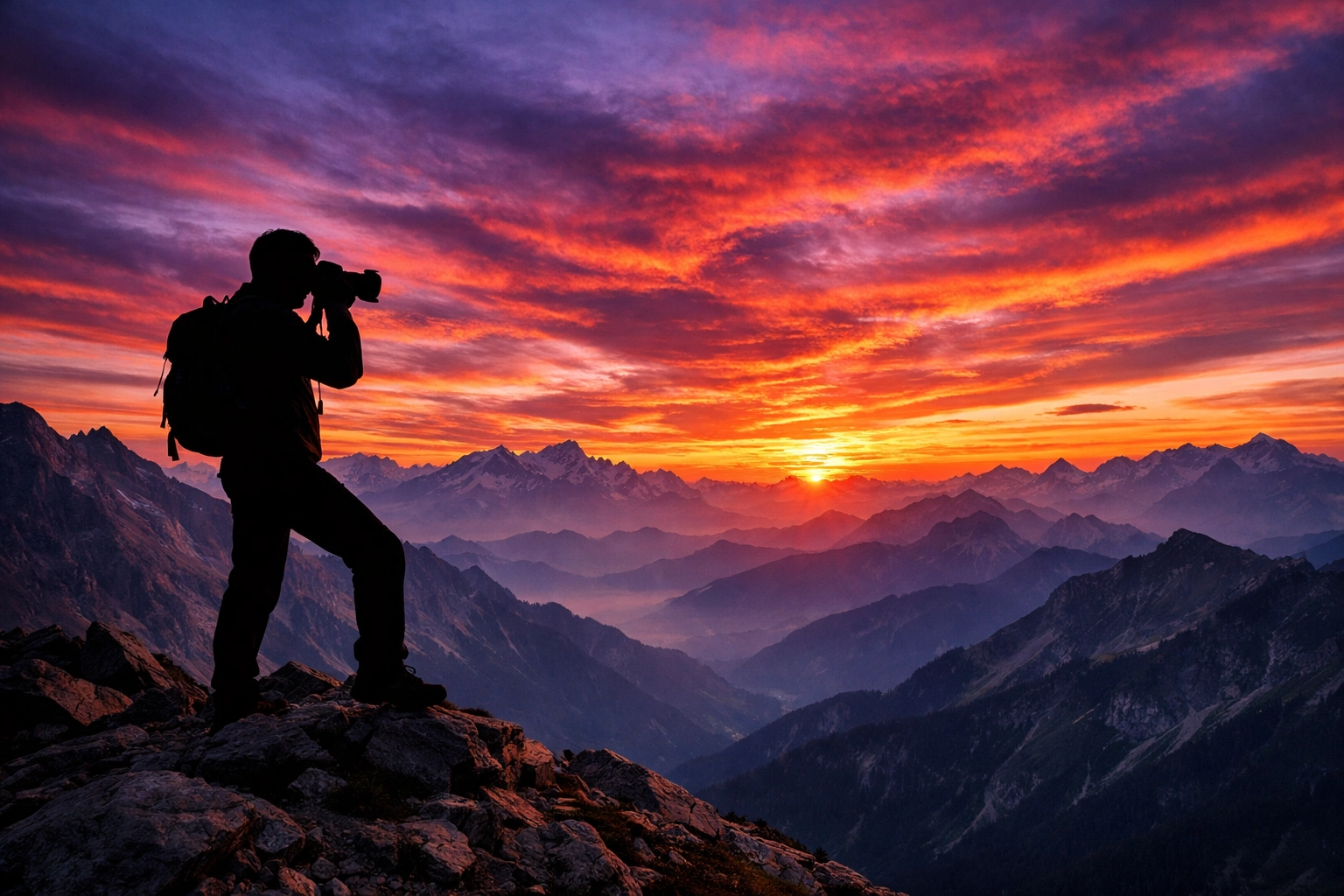 Photographer silhouette at sunset in the Swiss Alps, finding the best photography locations in the mountains.
